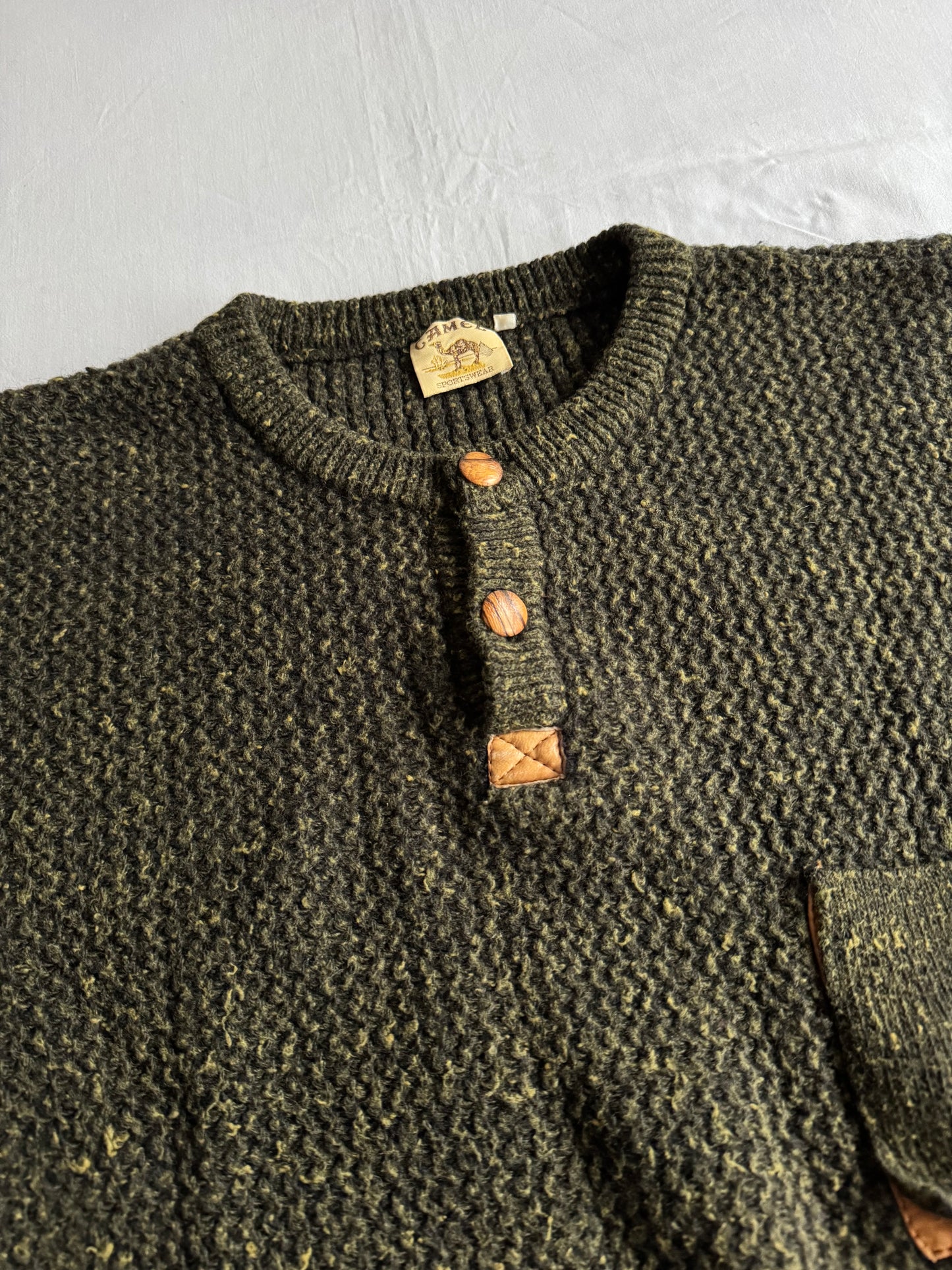 🐪 🧶 Pulover Vintage Bărbați Camel / Verde Închis din Lână – L