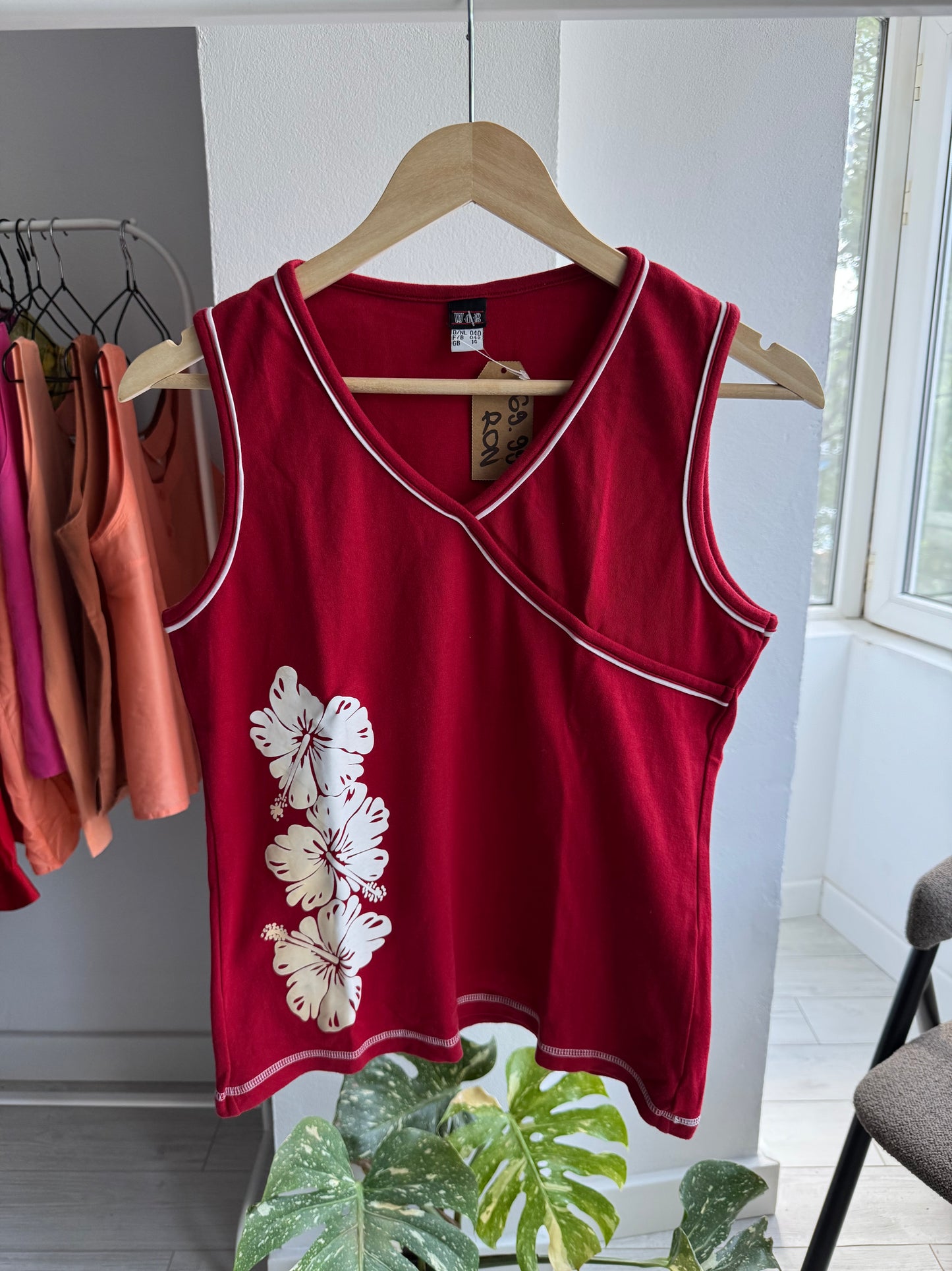 💁‍♀️ Top Roșu Printed Y2K | Bumbac Elastic – M/L Damă (40)