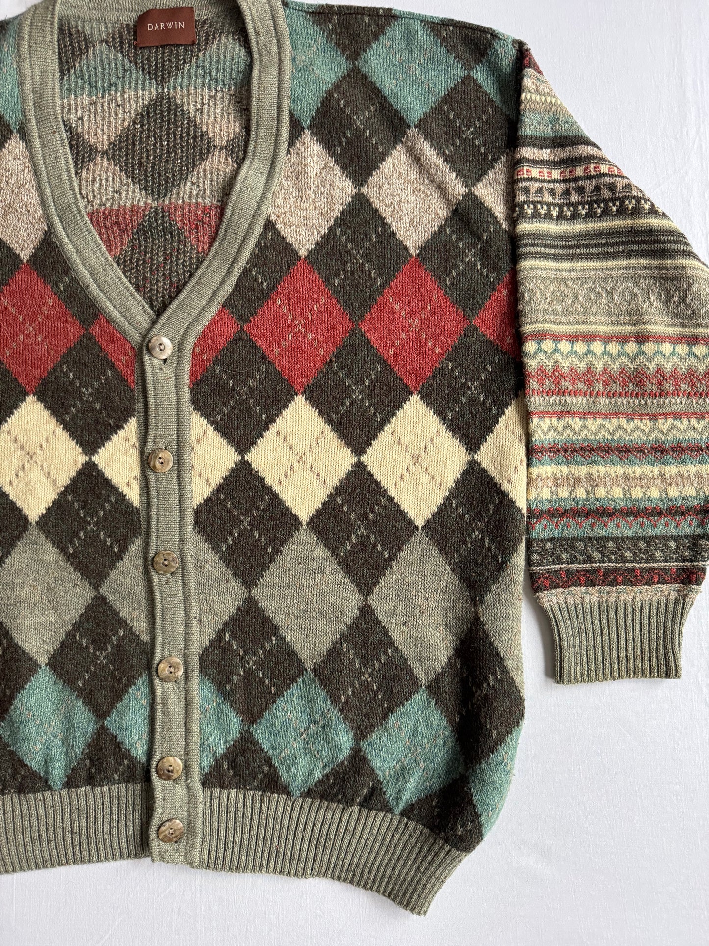 🧶 Cardigan Vintage Bărbați cu Model Argyle și Mâneci cu model Etnic – XL