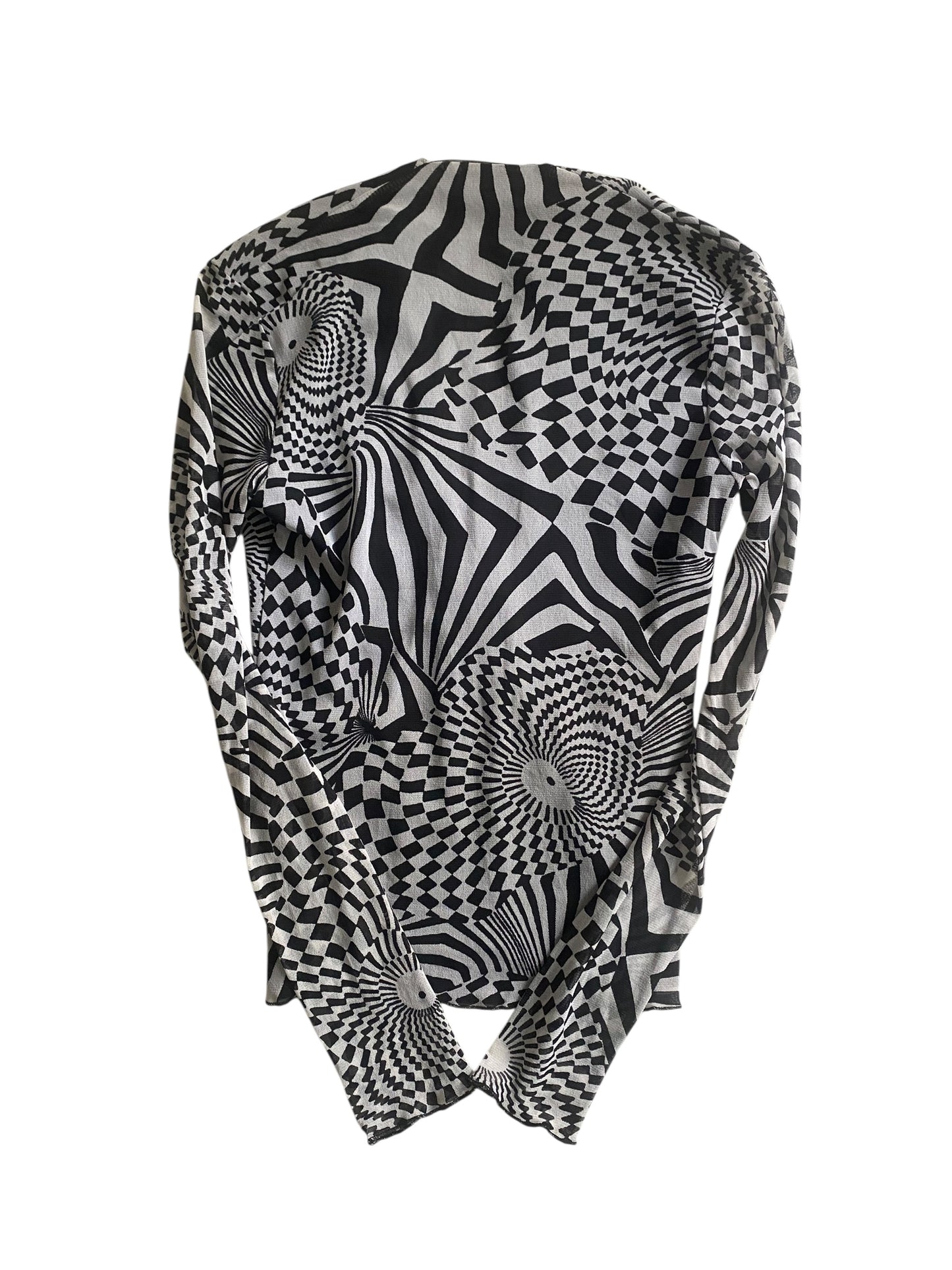 🖤 Top Y2K Mesh cu Imprimeu Abstract Alb-Negru, Mâneci Lungi – Mărimea S