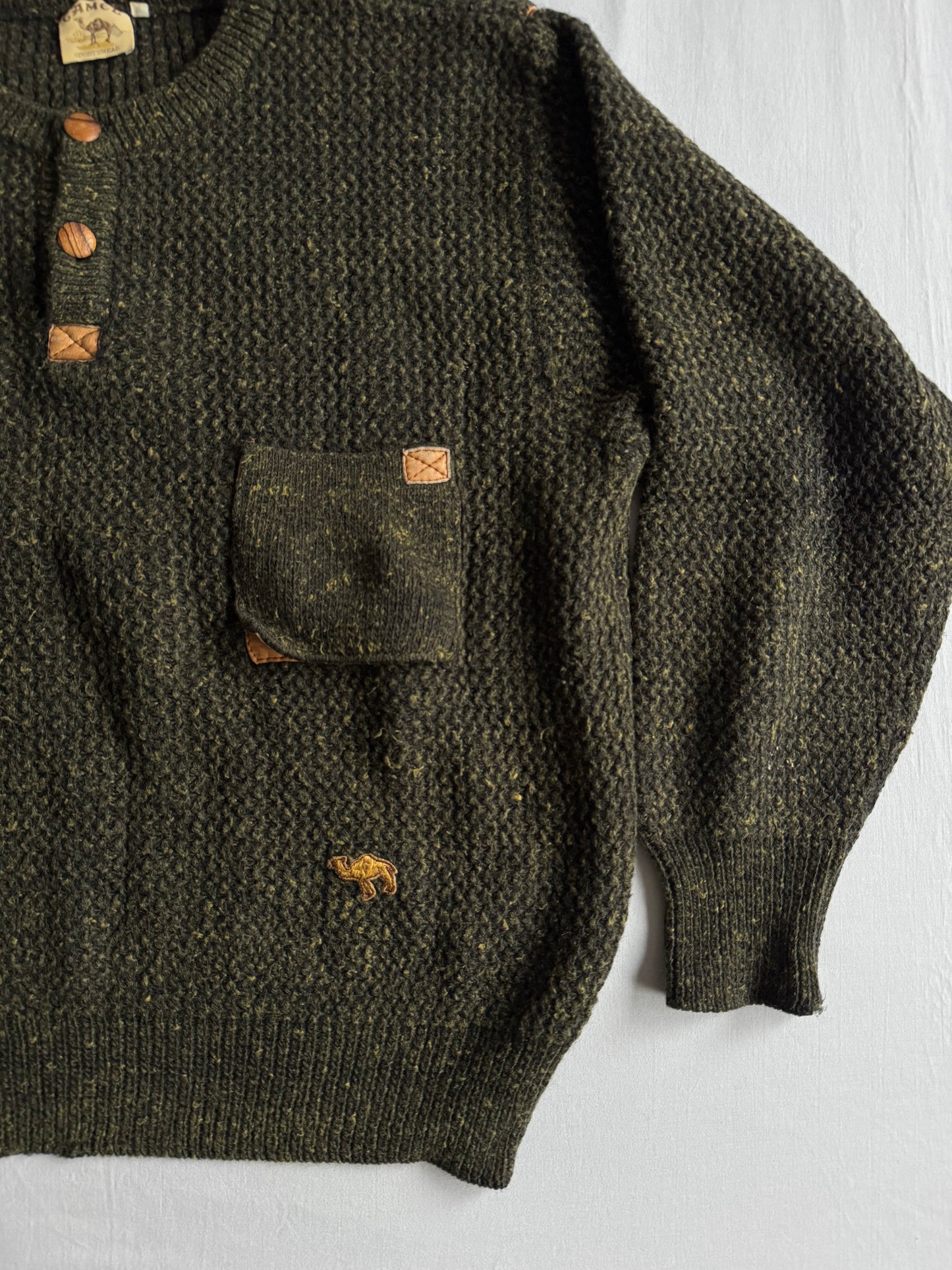 🐪 🧶 Pulover Vintage Bărbați Camel / Verde Închis din Lână – L