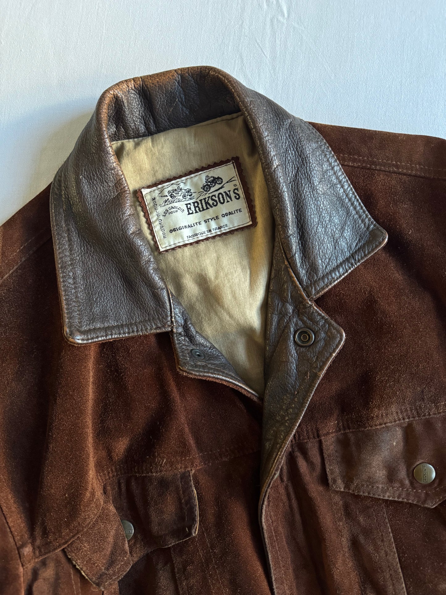 🏍️ Geacă vintage din piele întoarsă tip trucker – bărbați M – guler din piele, fabricată în Franța