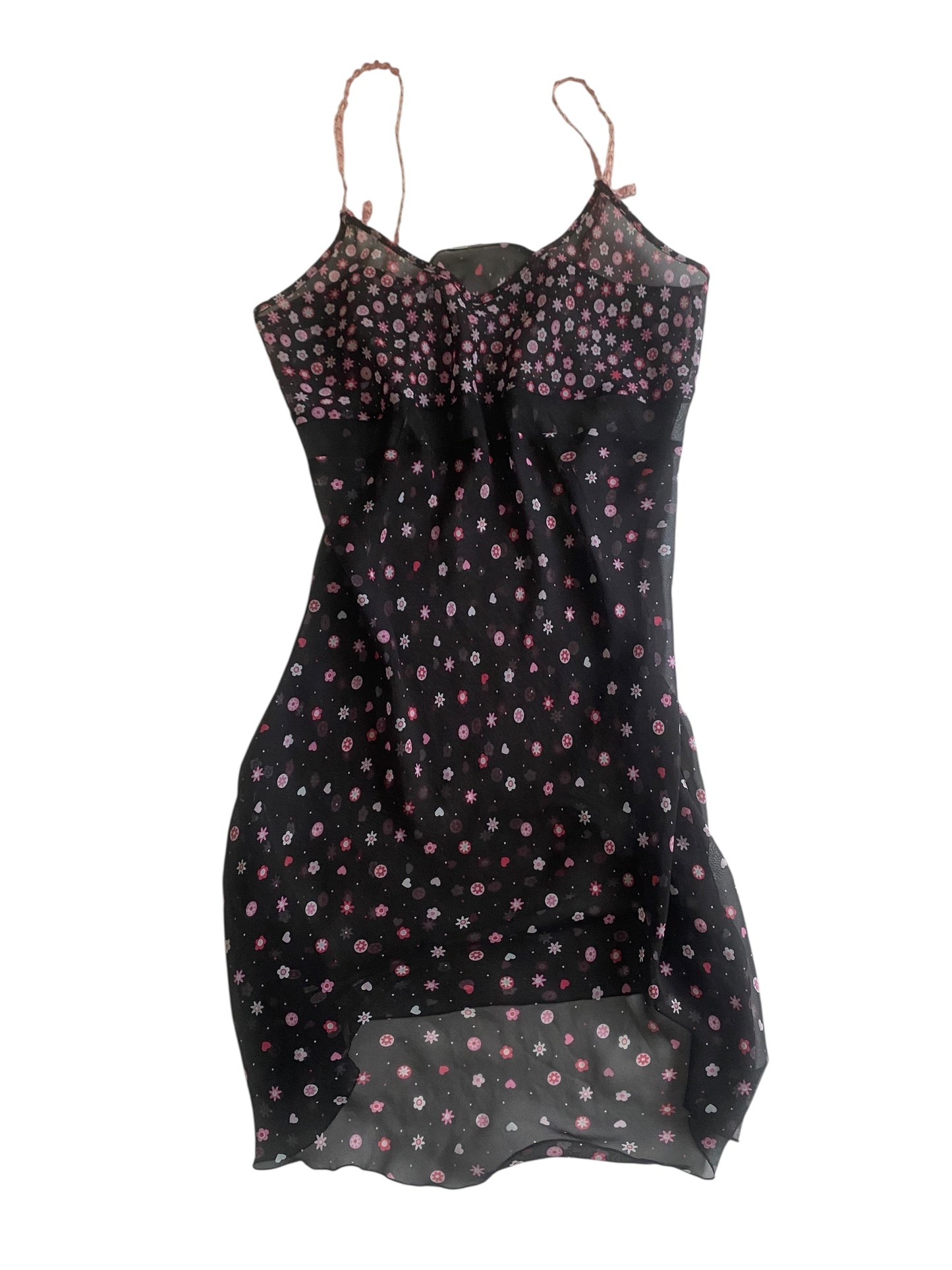 🖤 Top Y2K Mesh Negru cu Floricele și Bretele Croșetate – Mărime S