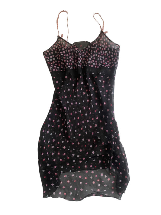 🖤 Top Y2K Mesh Negru cu Floricele și Bretele Croșetate – Mărime S