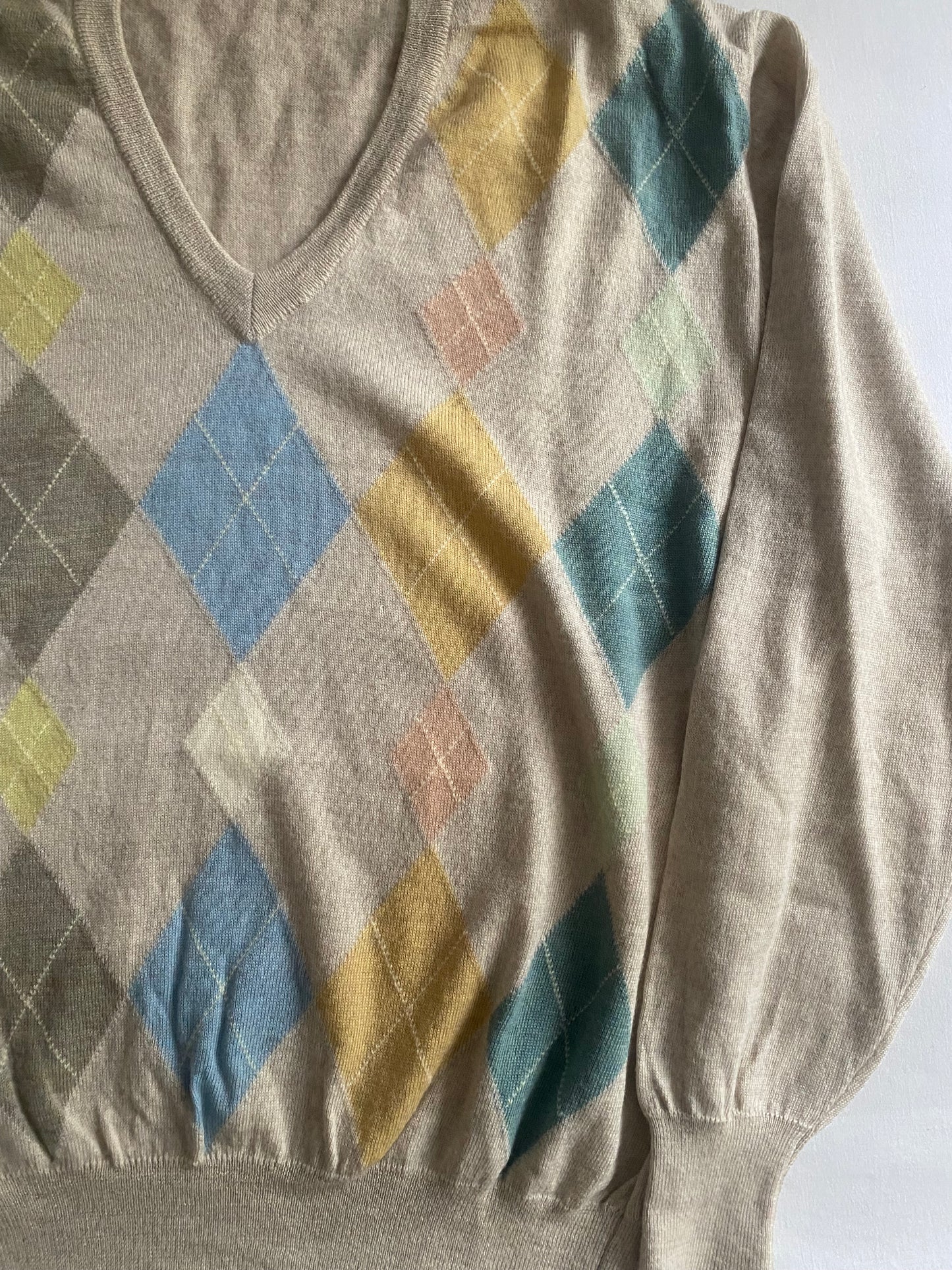 Pulover Vintage V-Neck – Cream Argyle Pattern – 100% Lână Virgină – Made in Italy – Men’s L