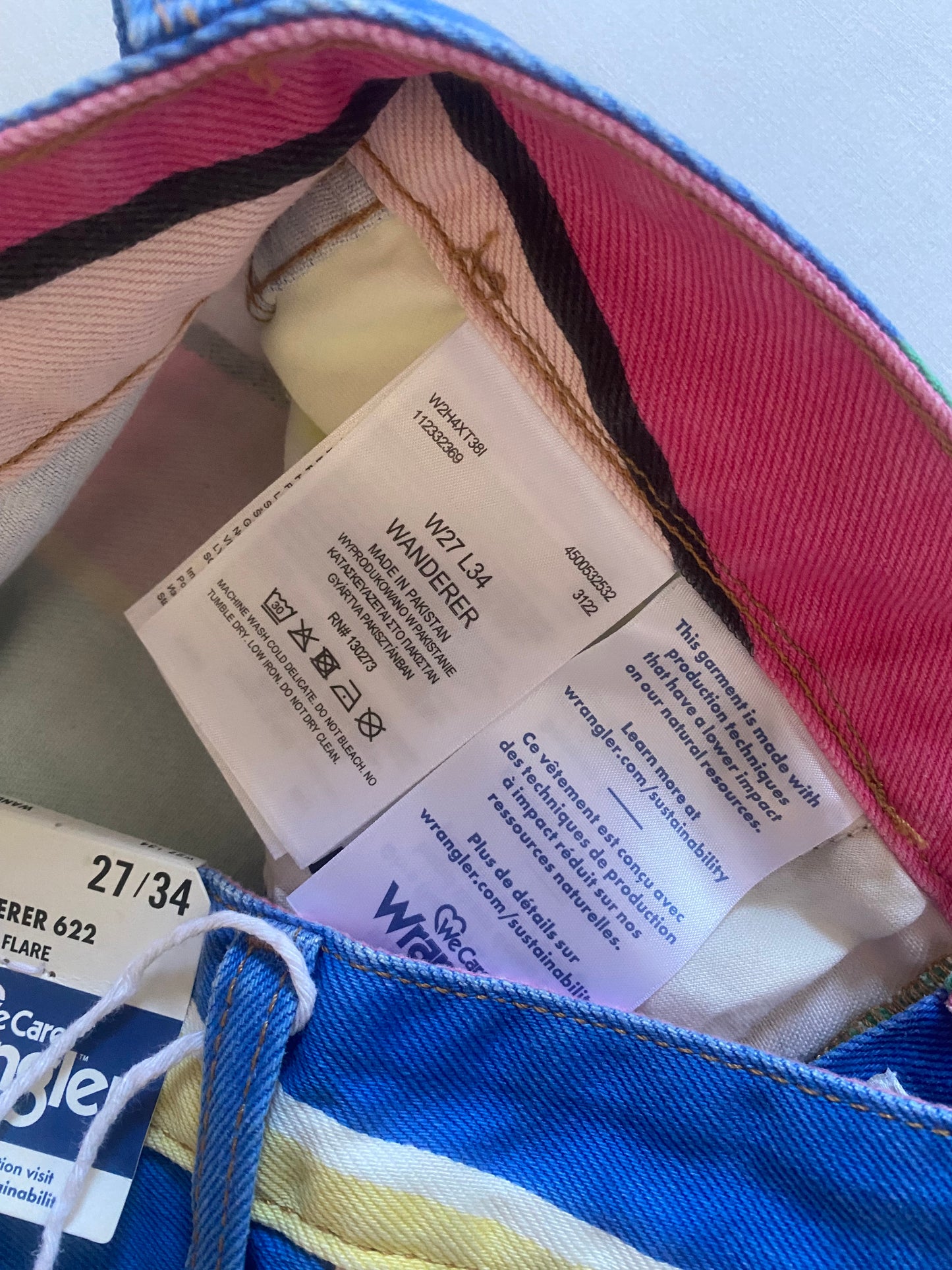 🍭 Jeanși Wrangler – Striped Colourful – High Rise Flared – W27 L34 – NWT