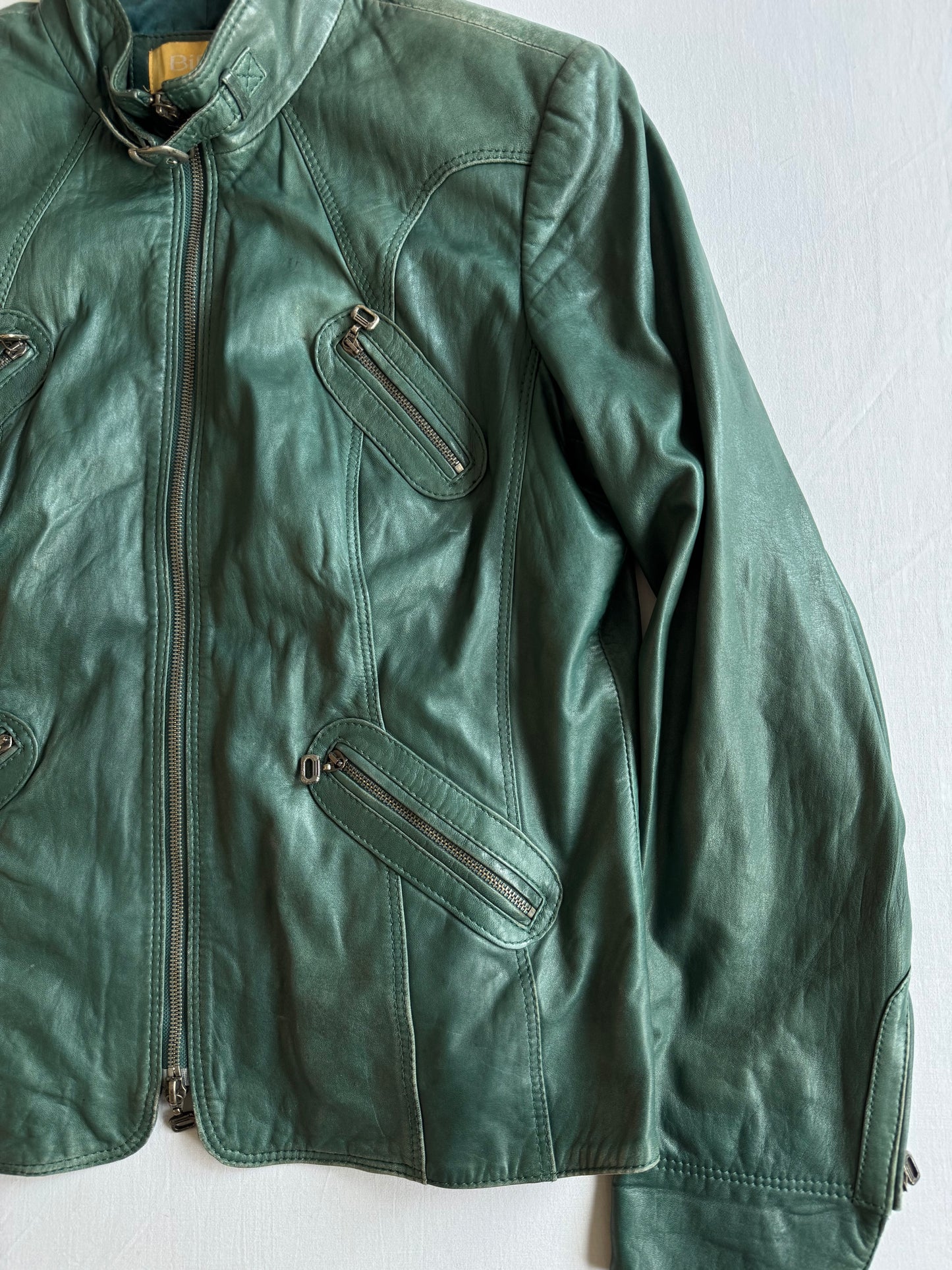 🏍️ Jachetă Biker Y2K din Piele de Miel Verde – EU 40 (L Damă)