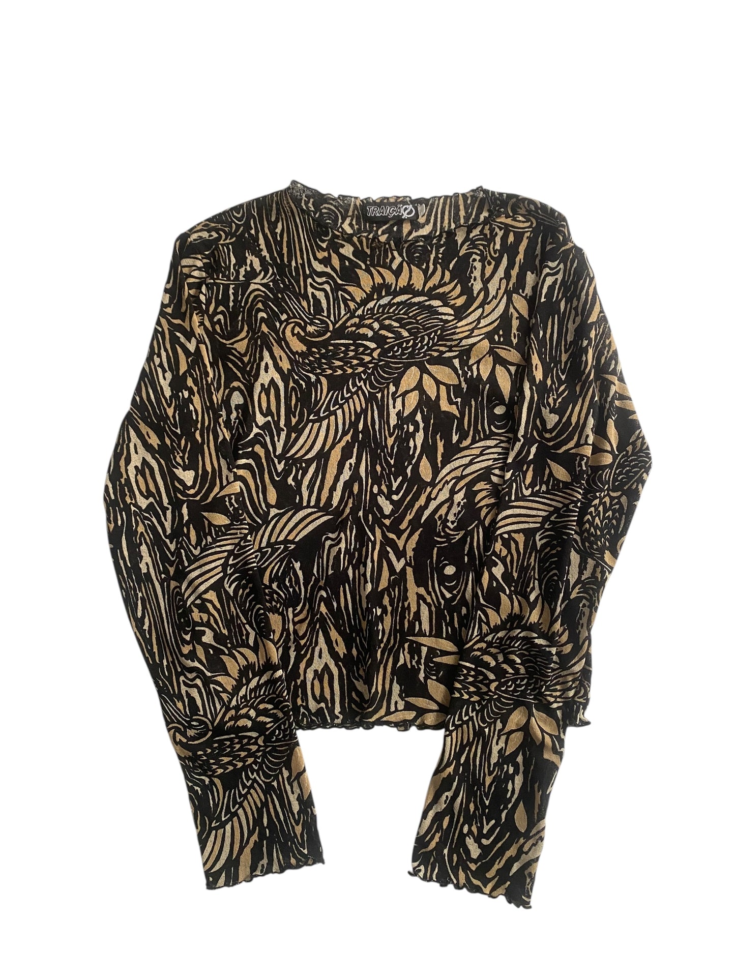 🖤 Top Vintage Mesh cu Mâneci Lungi – Print Abstract, Mărime L