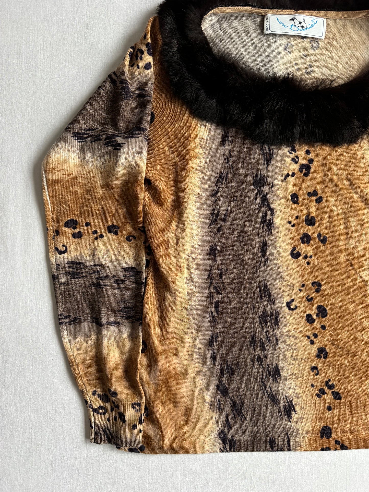 🐆 🧶 Pulover Y2K Damă Animal Print din Lână Merino cu Guler din Blană Naturală – Aprox. S/M Femei