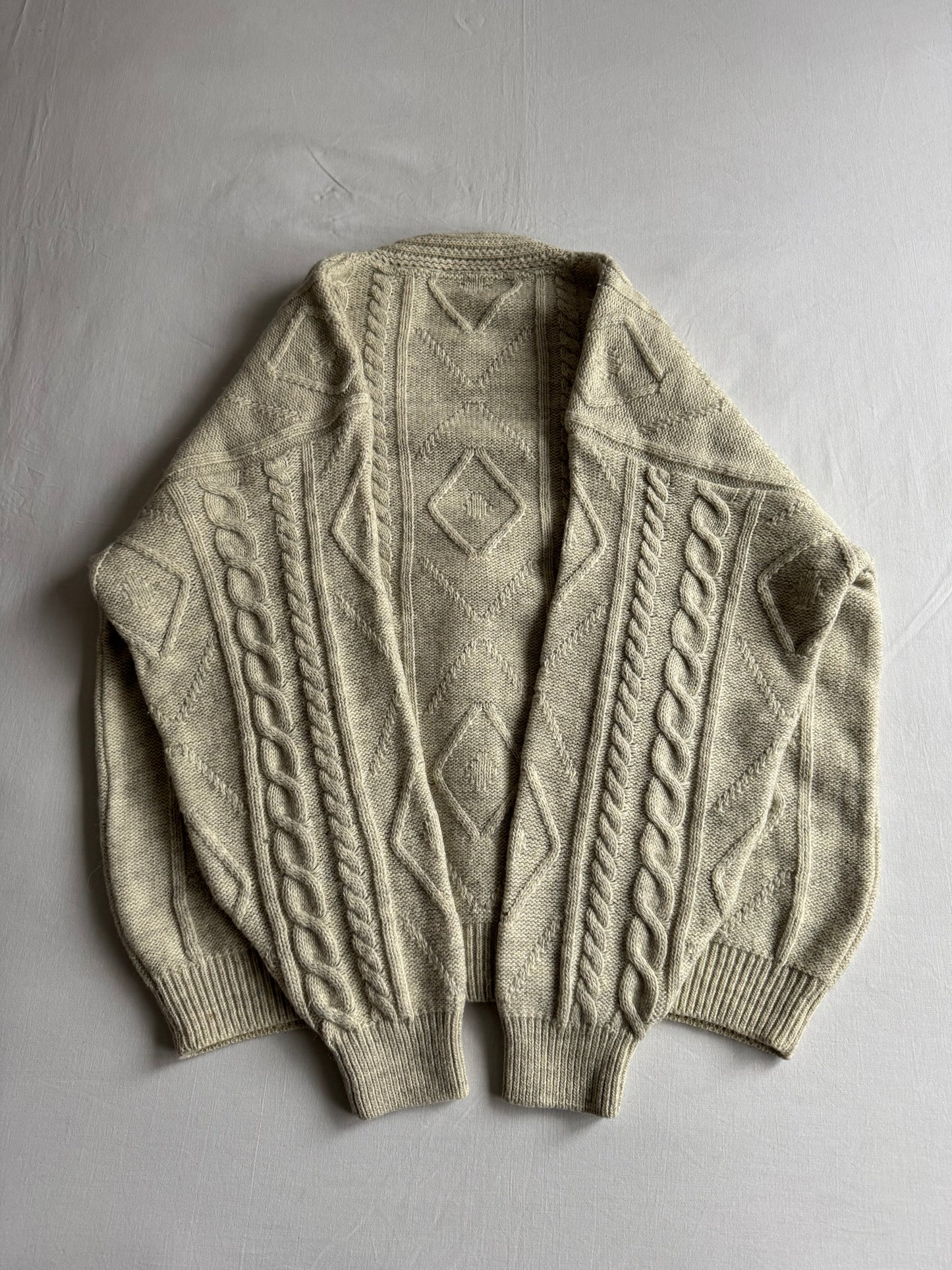 🧶 Cardigan Vintage Bărbați Gri Cable Knit din Lână, Alpaca și Acril – L