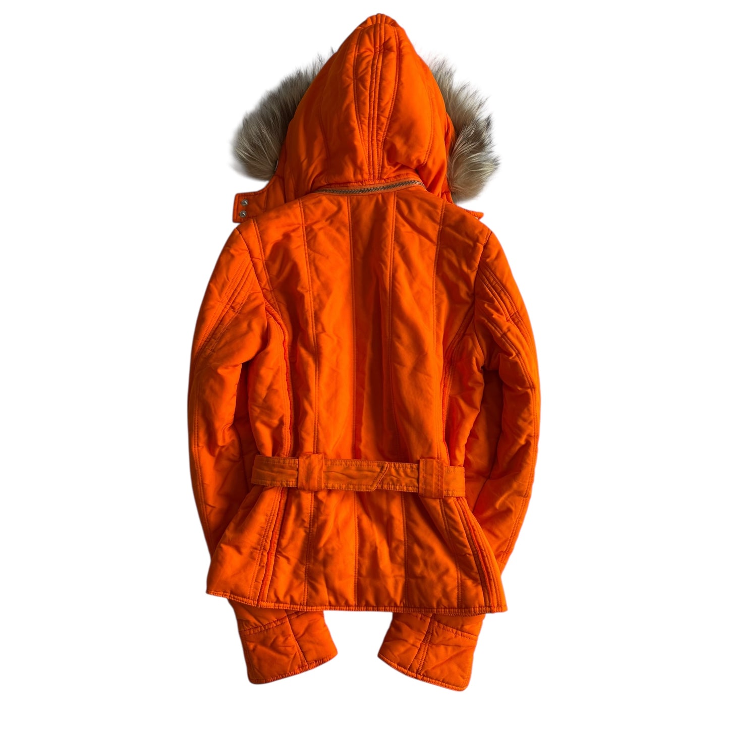 🍊 Jachetă Y2K Portocalie 4US by Cesare Paciotti cu Glugă din Blană Naturală – M Femei