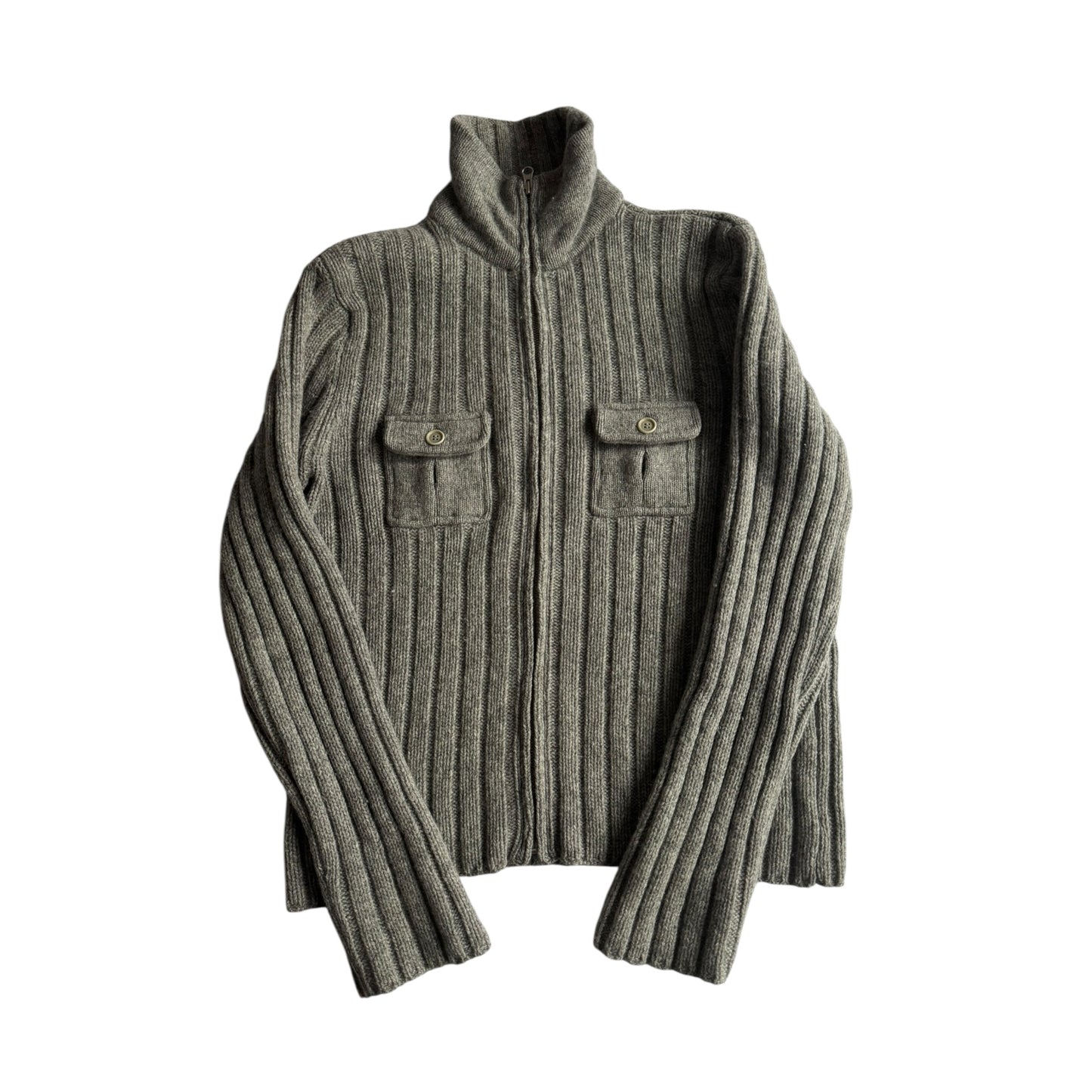 🧶 Cardigan Y2K Bărbați J.Crew Gri cu Fermoar din Lambswool – L