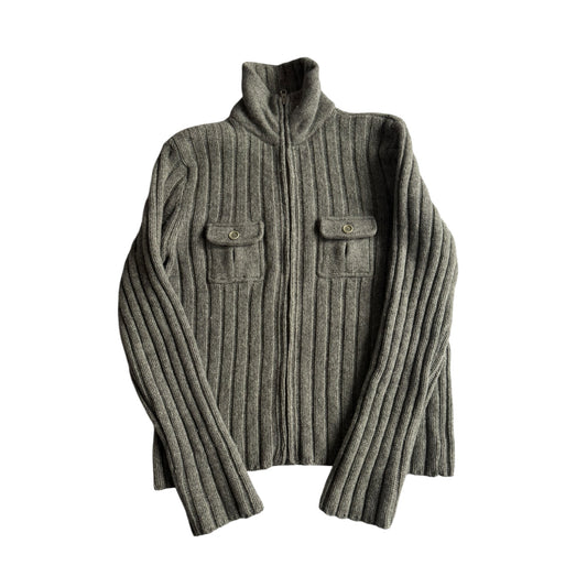 🧶 Cardigan Y2K Bărbați J.Crew Gri cu Fermoar din Lambswool – L