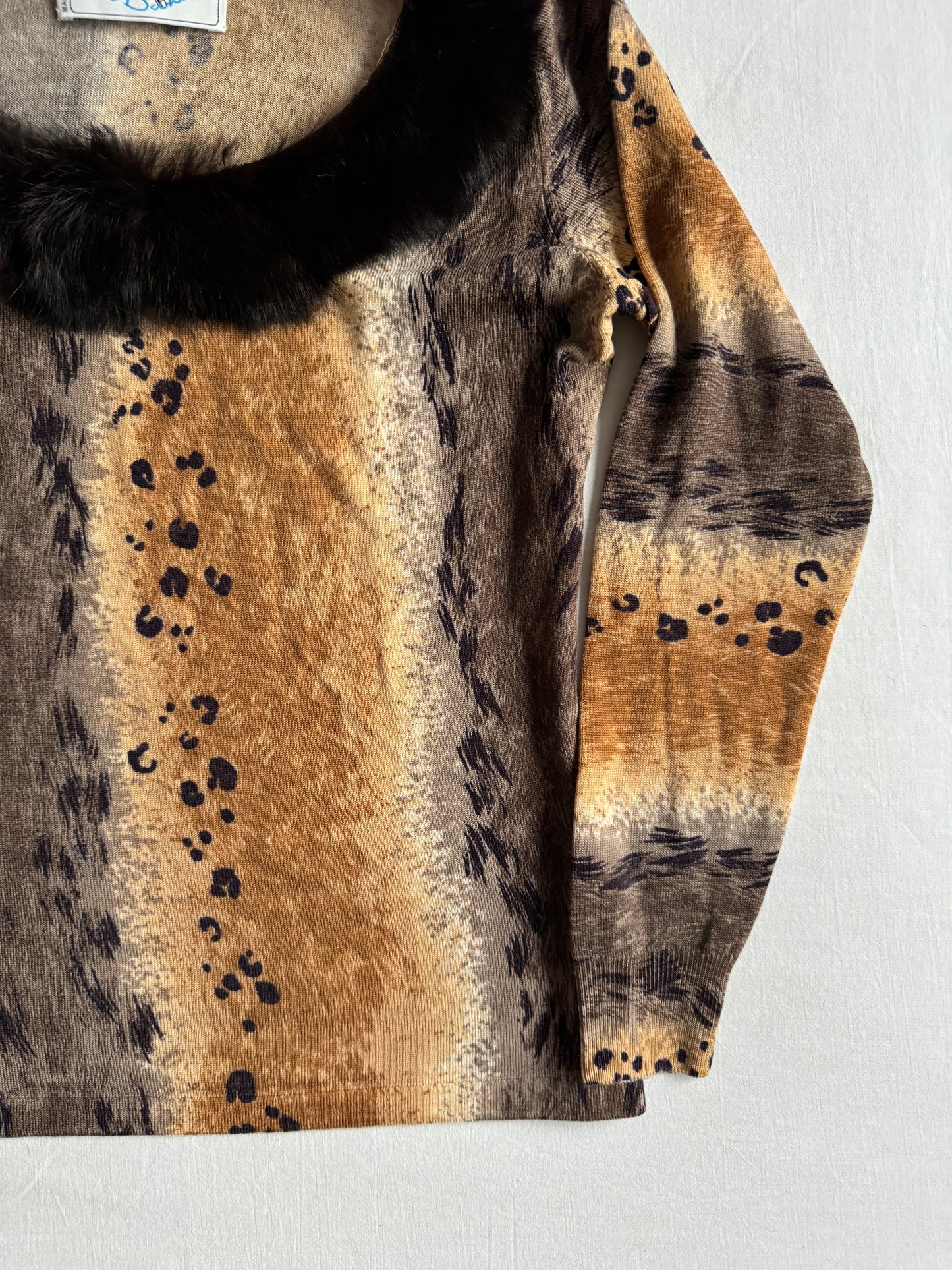 🐆 🧶 Pulover Y2K Damă Animal Print din Lână Merino cu Guler din Blană Naturală – Aprox. S/M Femei