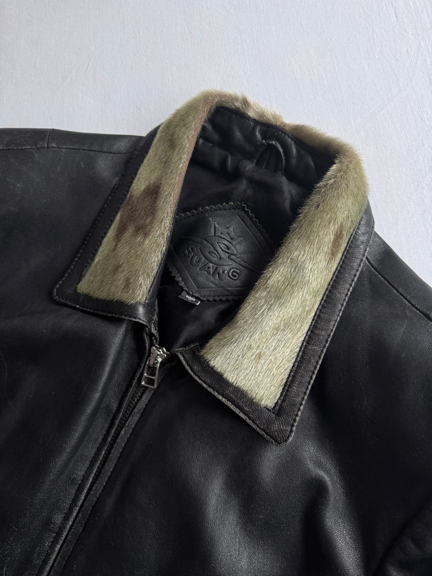 🖤 Geacă Vintage Damă din Piele Neagră cu Aplicații Păr Animal – XXL