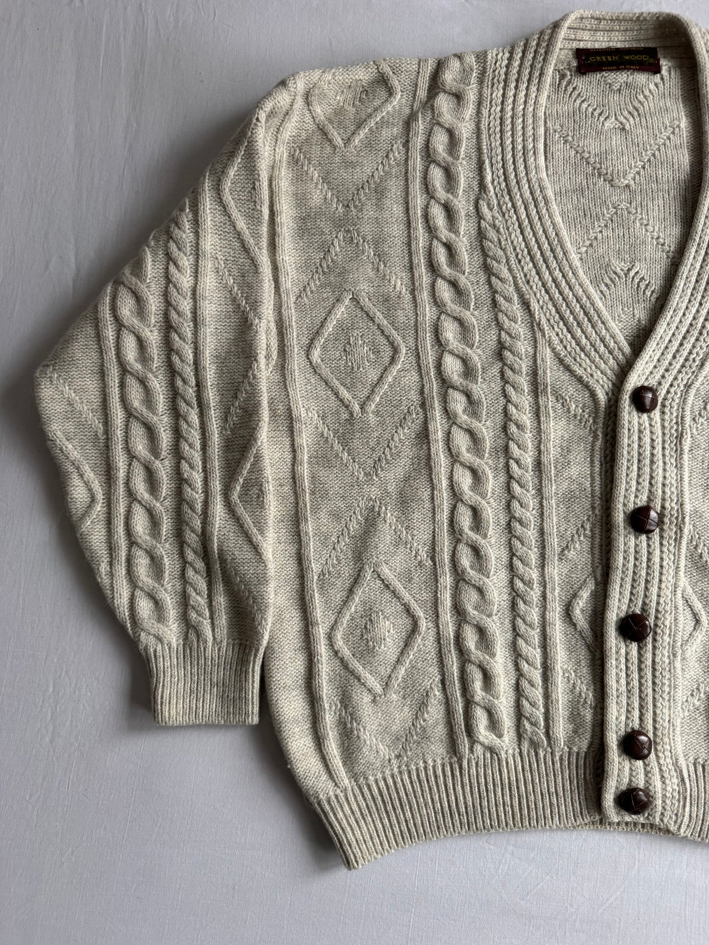 🧶 Cardigan Vintage Bărbați Gri Cable Knit din Lână, Alpaca și Acril – L