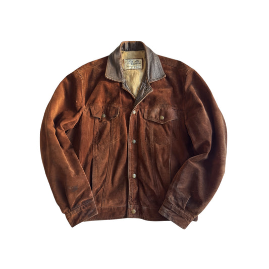 🏍️ Geacă vintage din piele întoarsă tip trucker – bărbați M – guler din piele, fabricată în Franța