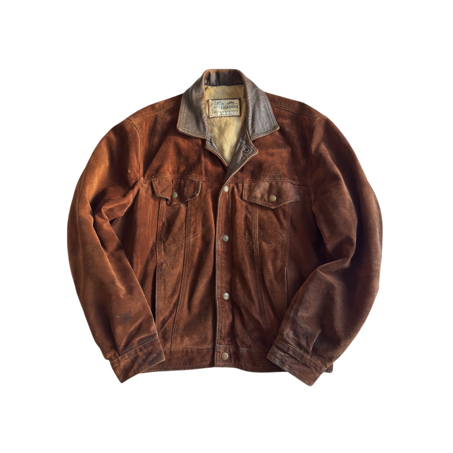 🏍️ Geacă vintage din piele întoarsă tip trucker – bărbați M – guler din piele, fabricată în Franța