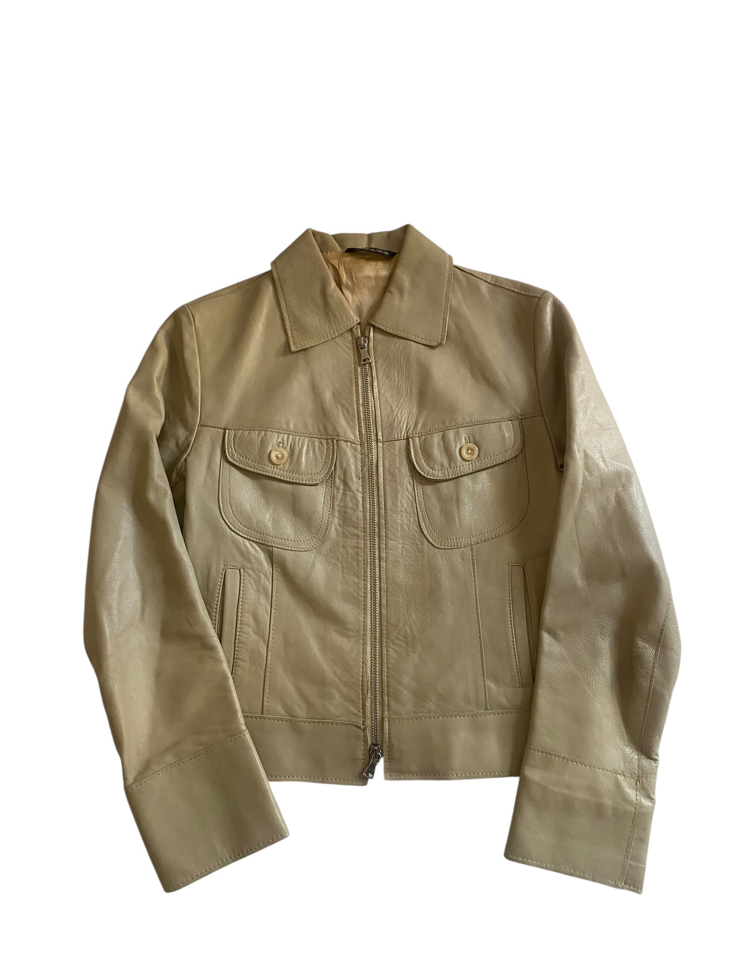 🧥 Geacă Vintage din Piele Crem – Made in Italy, Guler Stil Anii '70 – Mărimea S Femei