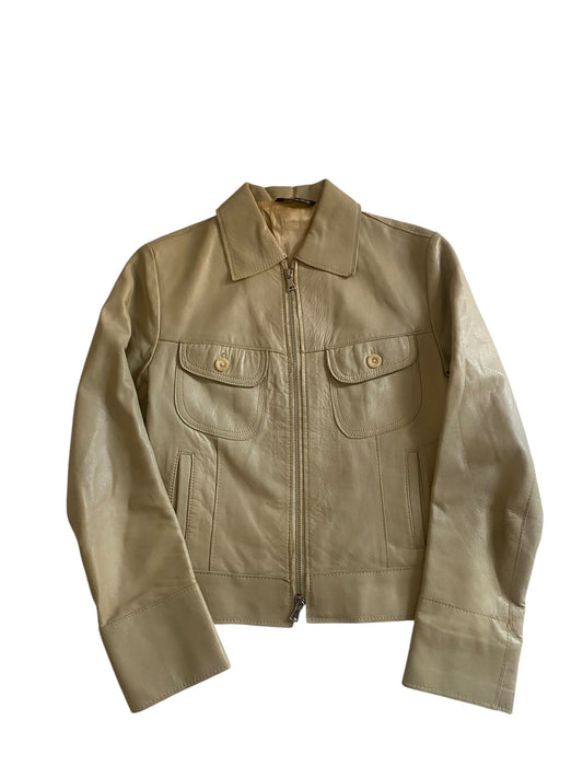 🧥 Geacă Vintage din Piele Crem – Made in Italy, Guler Stil Anii '70 – Mărimea S Femei