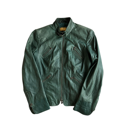 🏍️ Jachetă Biker Y2K din Piele de Miel Verde – EU 40 (L Damă)