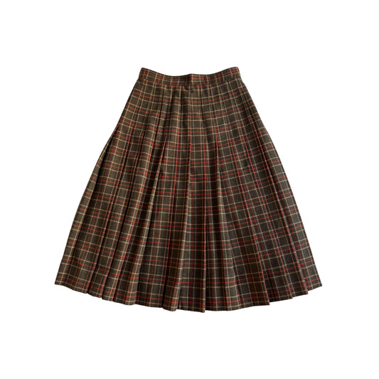 🪵 Fustă Vintage Plisată din Lână Tartan Maro Închis – aprox. S