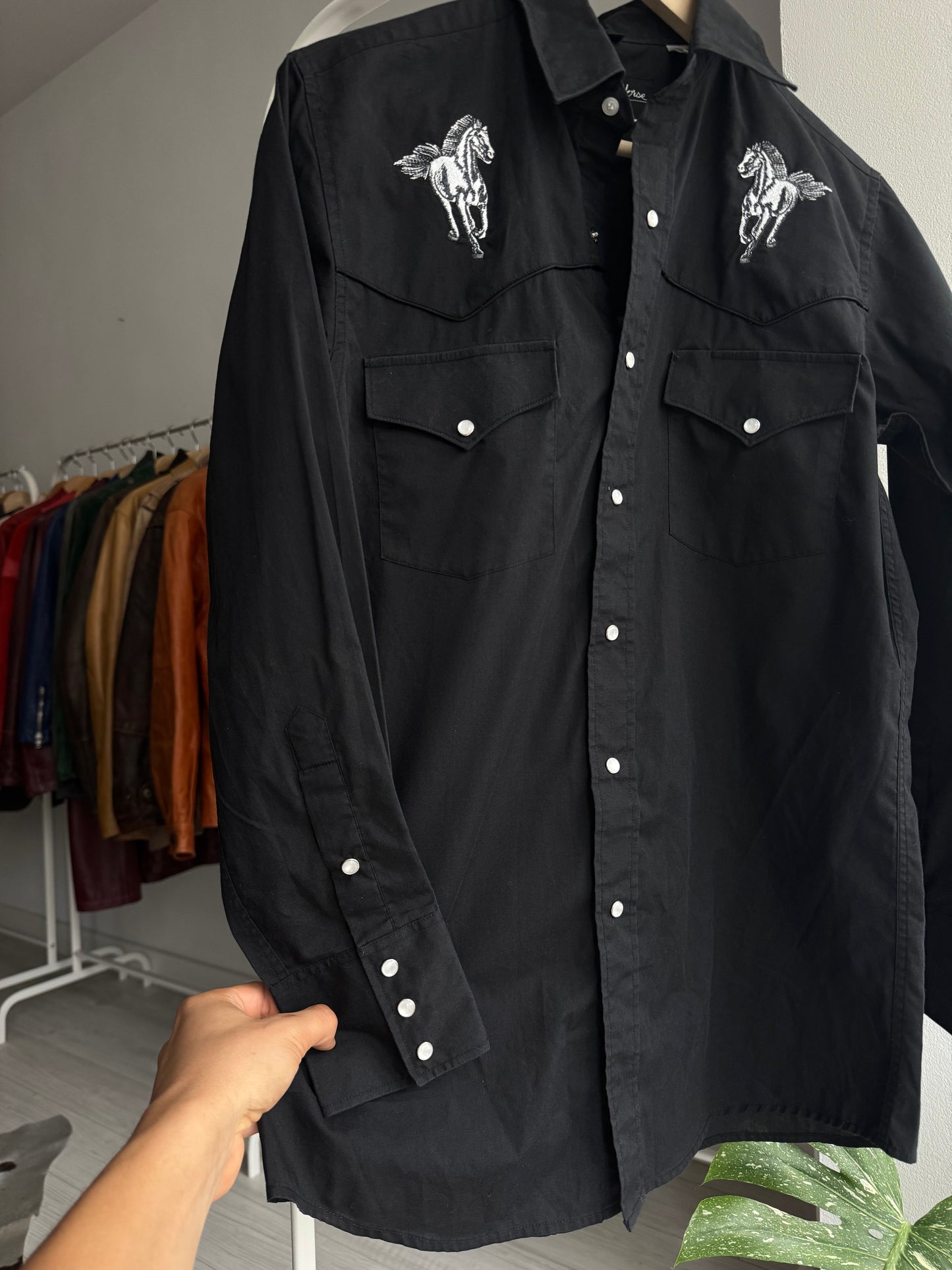 🤠 Cămașă Cowboy Vintage Neagră | broderie Cal & Nasturi Snap – S Bărbați