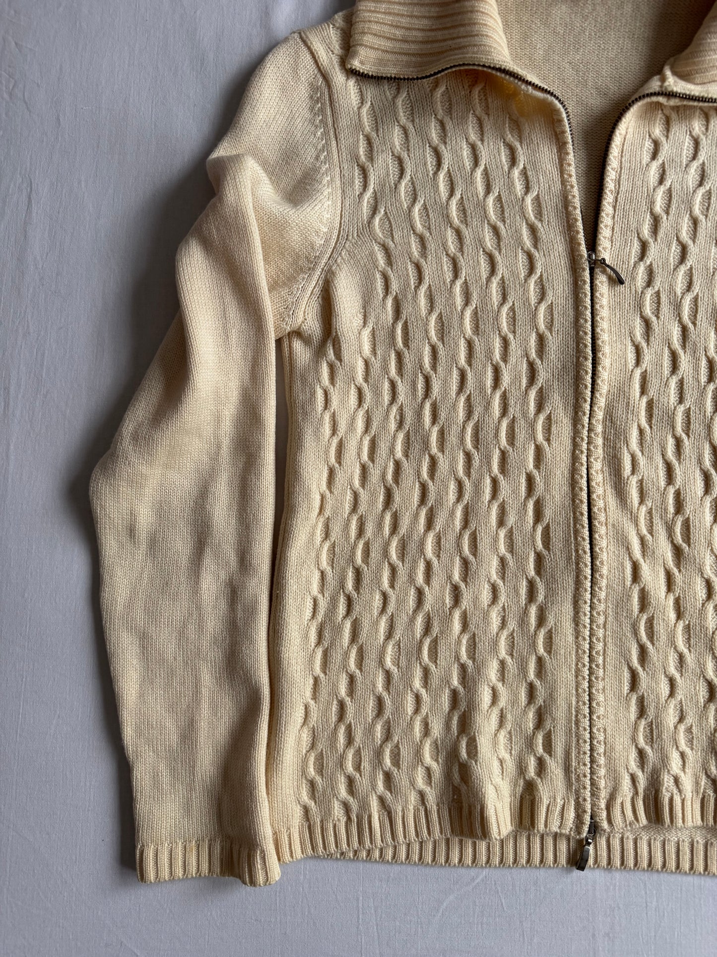 🐑 Pulover Vintage Damă Alb Natural din Lână Merino Extra Fine cu Fermoar Full Zip – M