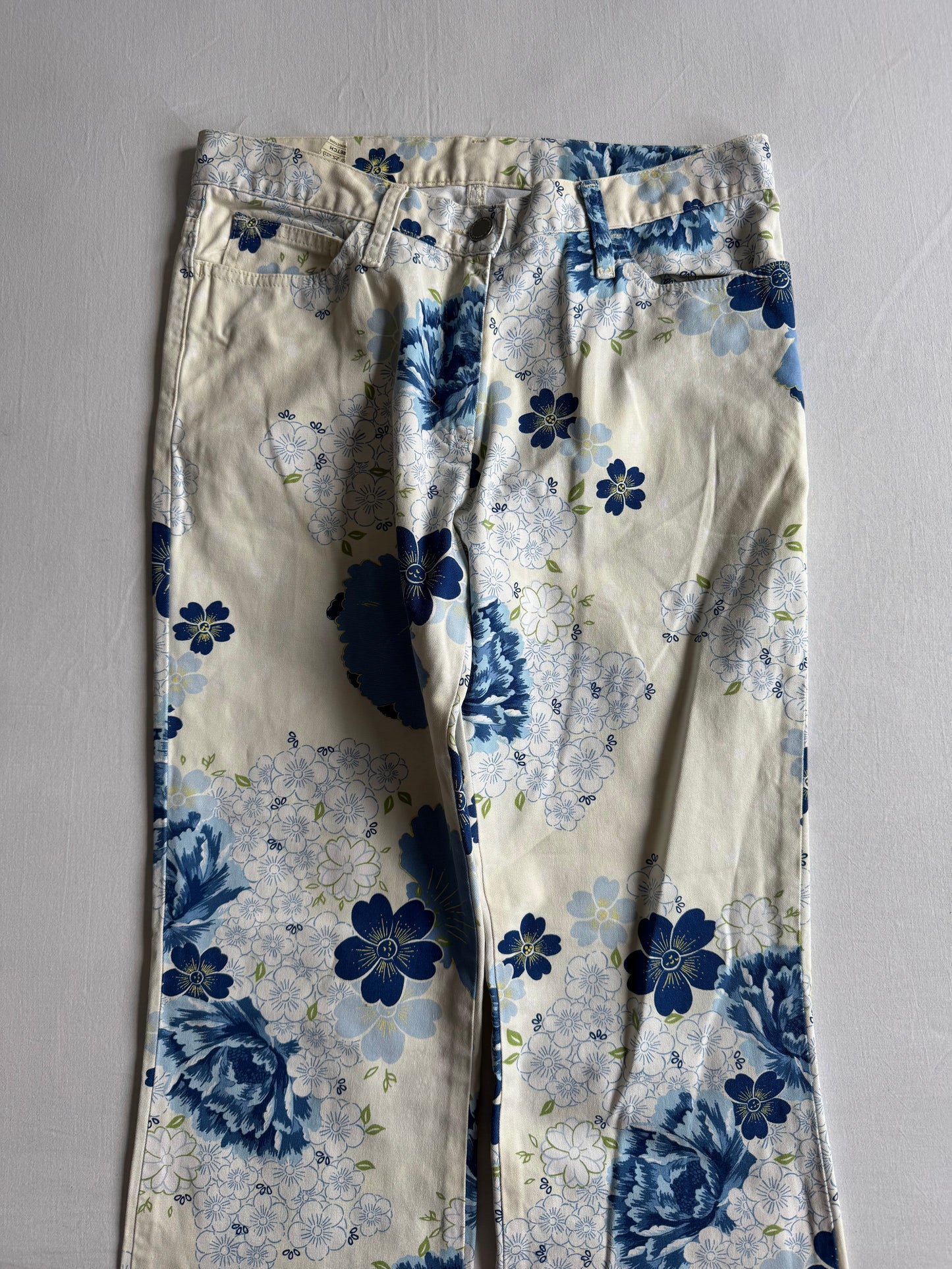 🌼 Pantaloni Y2K Damă Benetton Bootcut cu Imprimeu Floral – S (IT 42)
