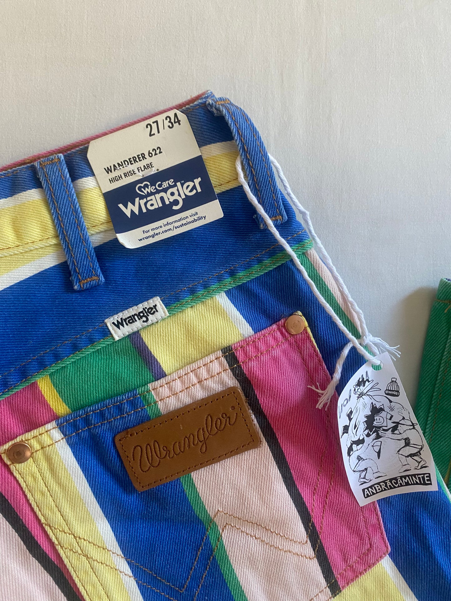 🍭 Jeanși Wrangler – Striped Colourful – High Rise Flared – W27 L34 – NWT