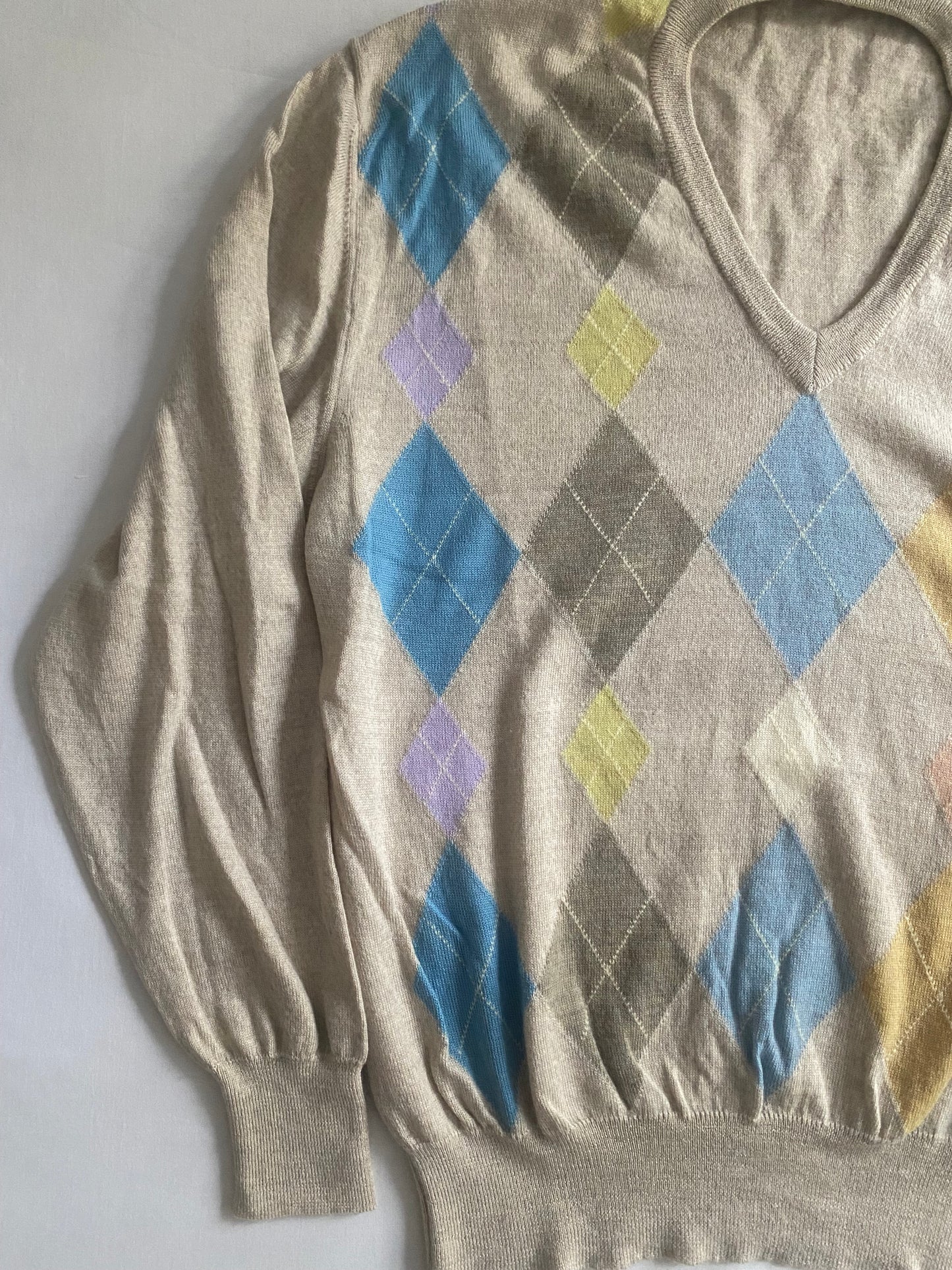 Pulover Vintage V-Neck – Cream Argyle Pattern – 100% Lână Virgină – Made in Italy – Men’s L