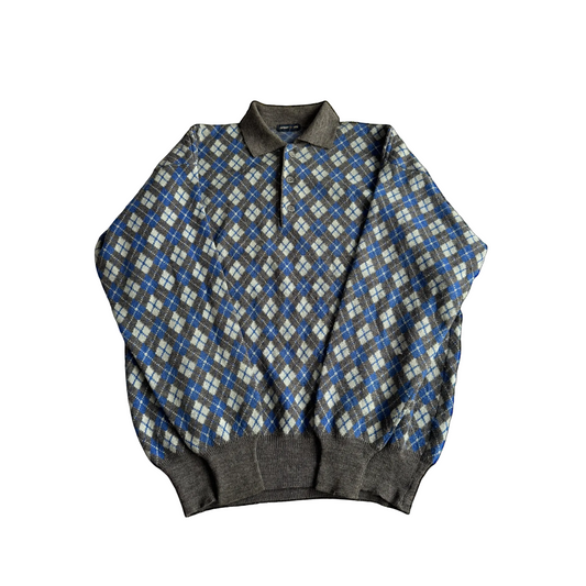 🧶 Pulover Vintage Emporio Armani Anii ’80 – Argyle cu Guler Polo – 52 (L)