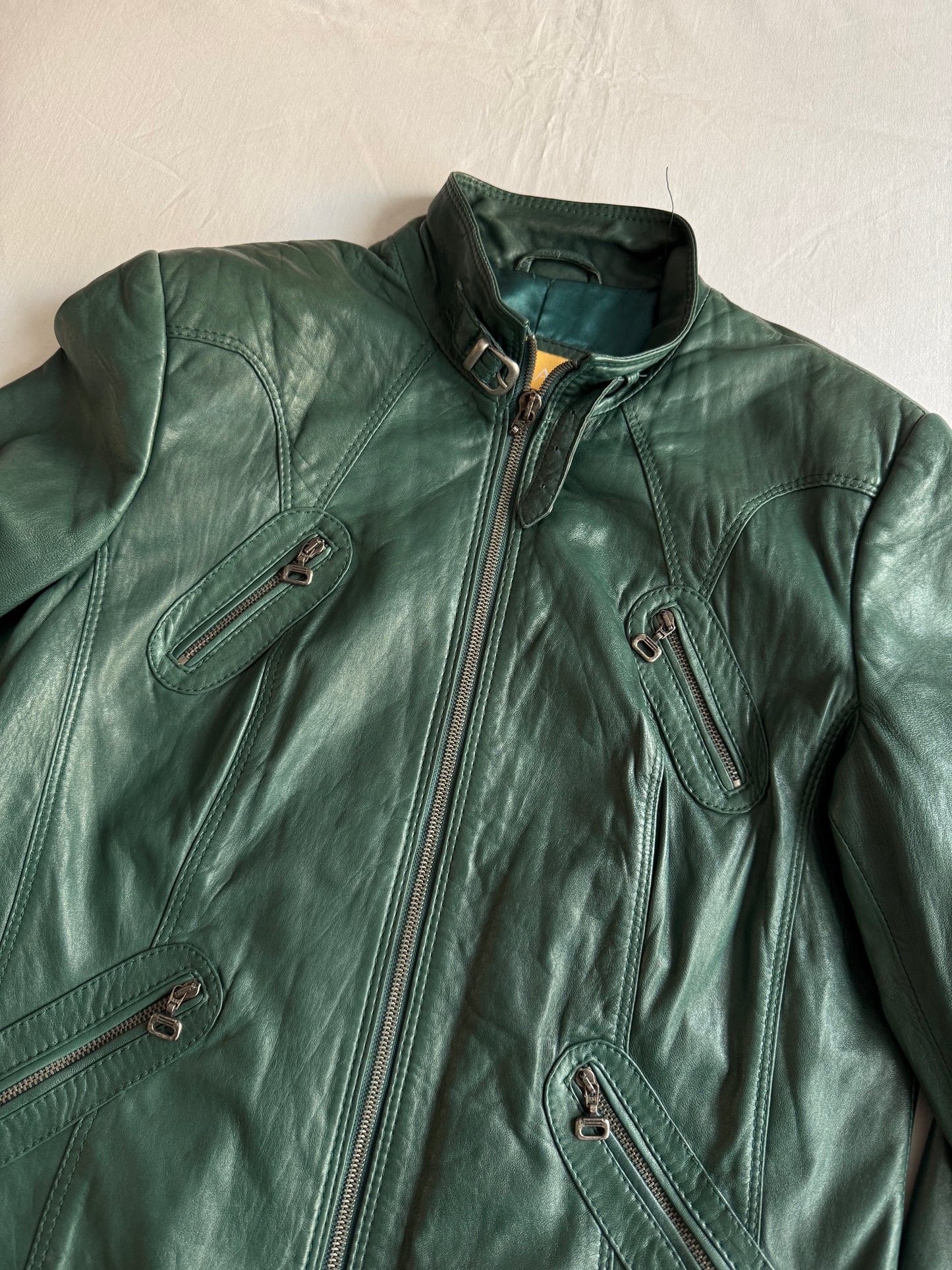 🏍️ Jachetă Biker Y2K din Piele de Miel Verde – EU 38 (M Damă)