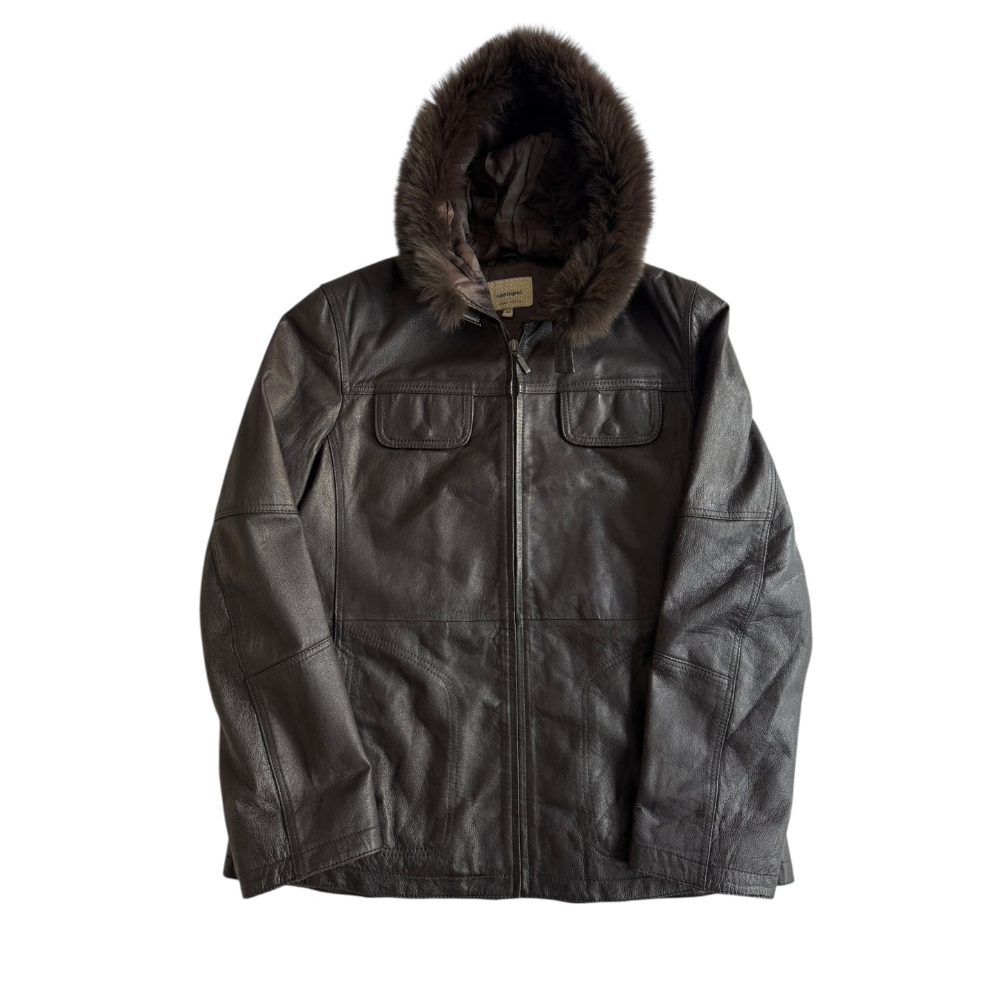 🦊 Jachetă Y2K din Piele Maro Închis cu Glugă Bordată cu Blană de Vulpe – IT 44 (M/L Damă)