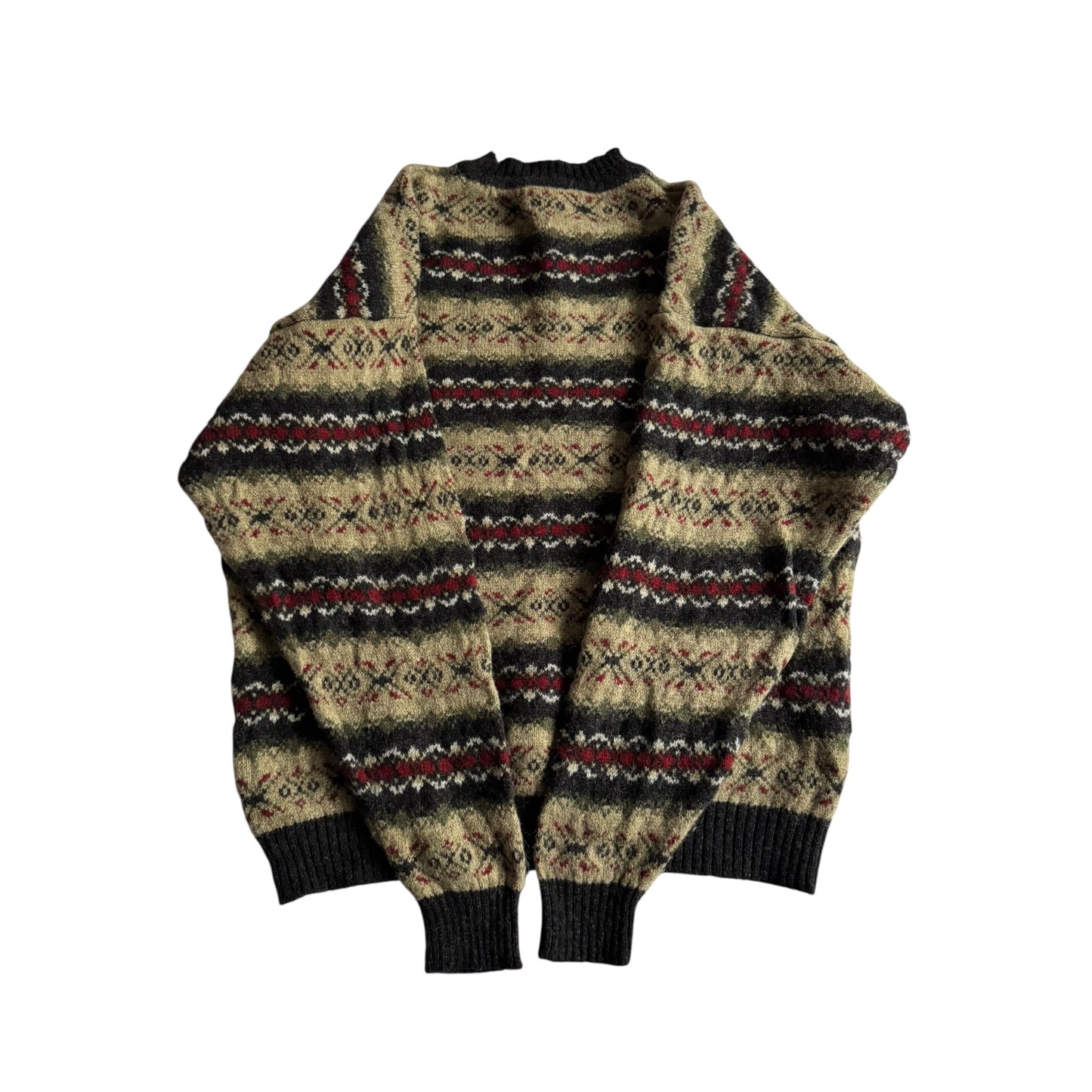 🧶 Pulover Vintage cu Model Etnic din Lână Virgină cu Guler Mock – L