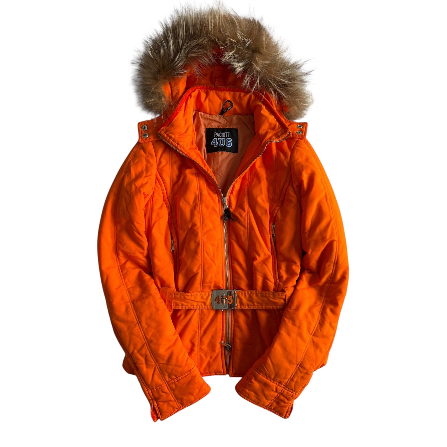 🍊 Jachetă Y2K Portocalie 4US by Cesare Paciotti cu Glugă din Blană Naturală – M Femei