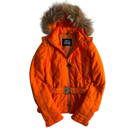 🍊 Jachetă Y2K Portocalie 4US by Cesare Paciotti cu Glugă din Blană Naturală – M Femei