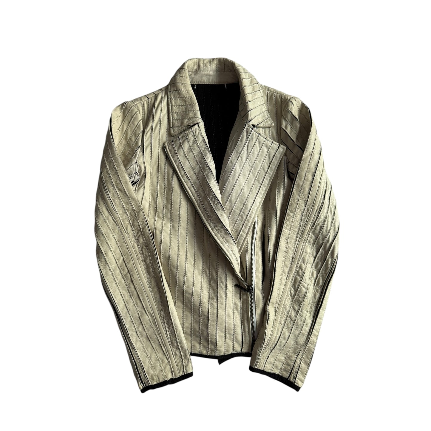 🏍️ Jachetă Biker Y2K Stefanel din Piele de Oaie Alb Natur – EU 36 (S Damă)