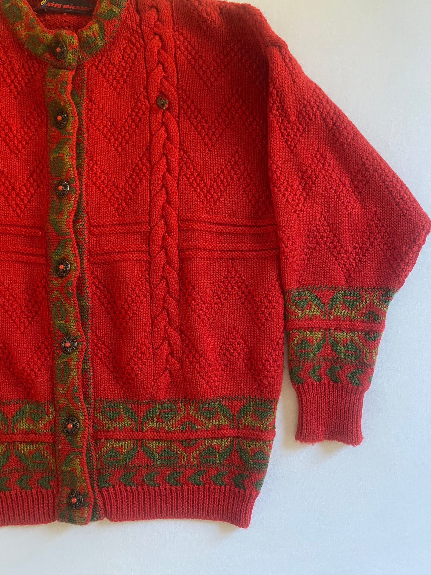 Cardigan Vintage Roșu – Tirolez – Lână 100% – EU 44 – Made in Austria