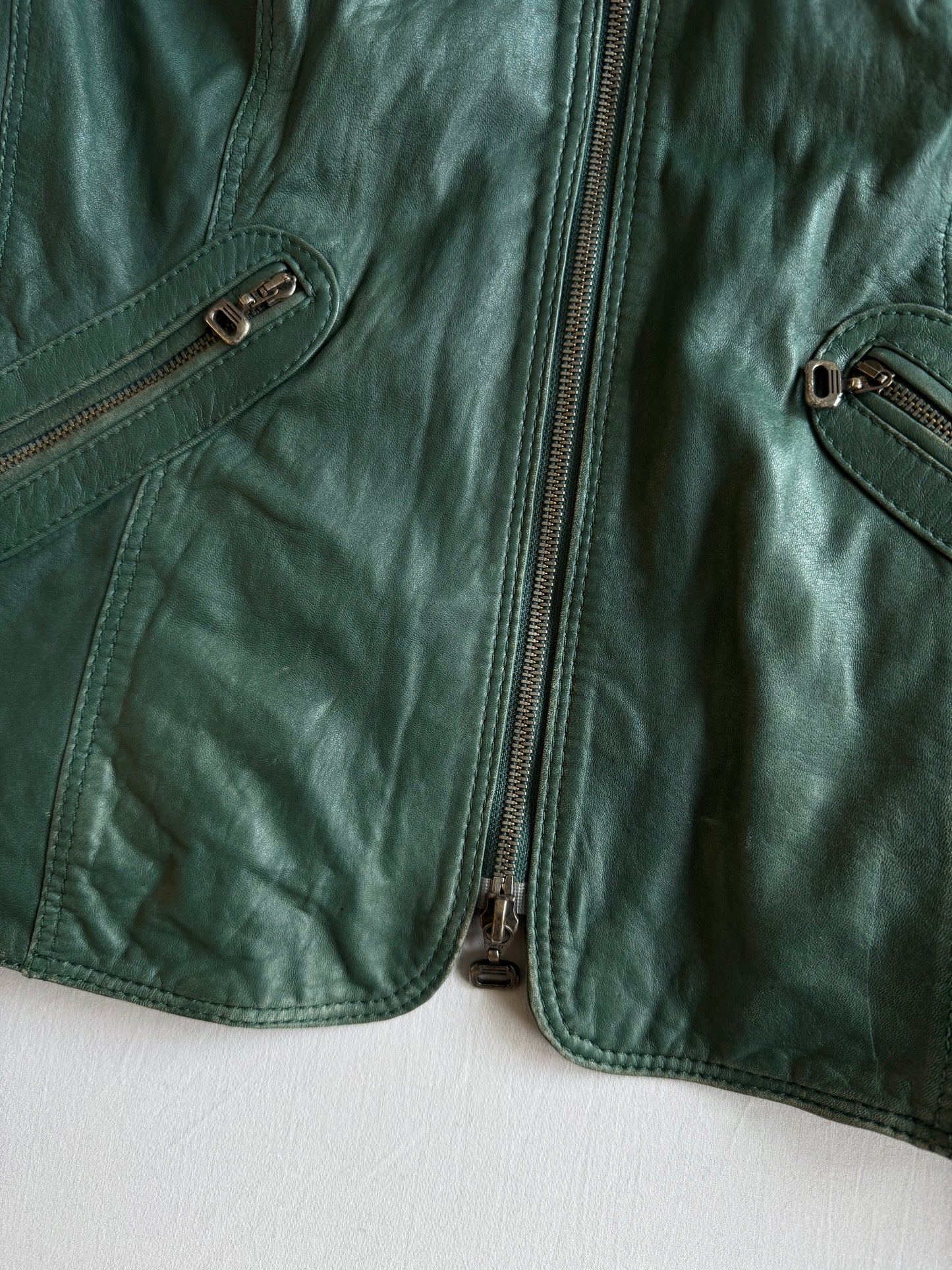 🏍️ Jachetă Biker Y2K din Piele de Miel Verde – EU 40 (L Damă)