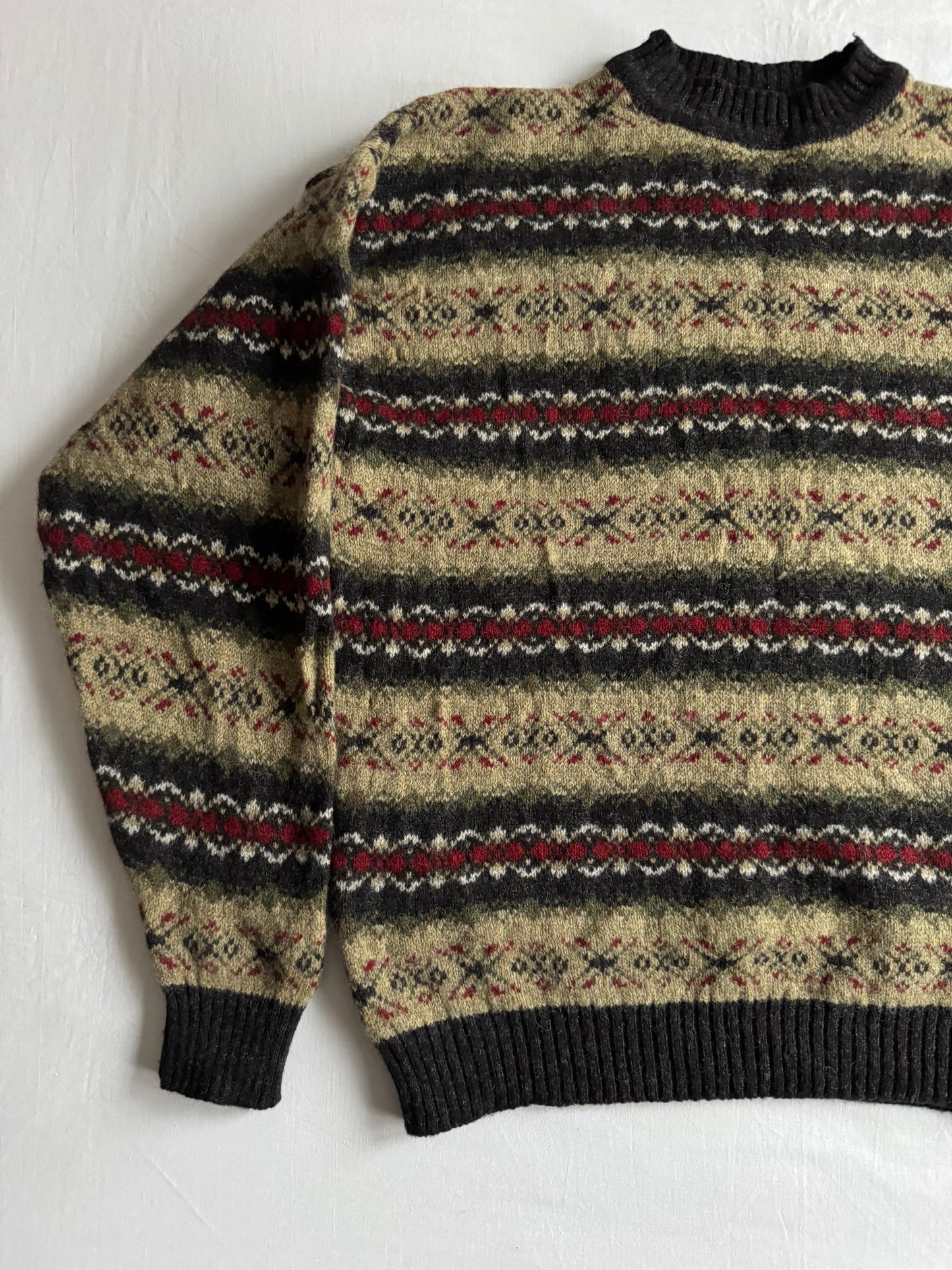 🧶 Pulover Vintage cu Model Etnic din Lână Virgină cu Guler Mock – L