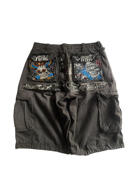 Pantaloni scurți cargo Y2K cu imprimeu original, mărimea US 34 🎨