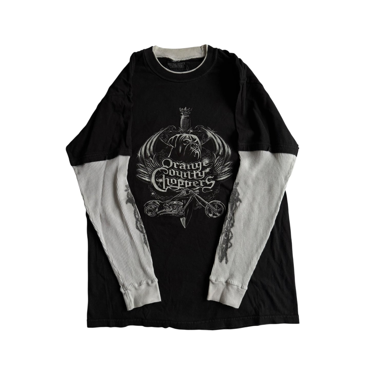 🛠️ Bluză Y2K Neagră cu Mâneci Thermal Waffle Orange County Choppers – M