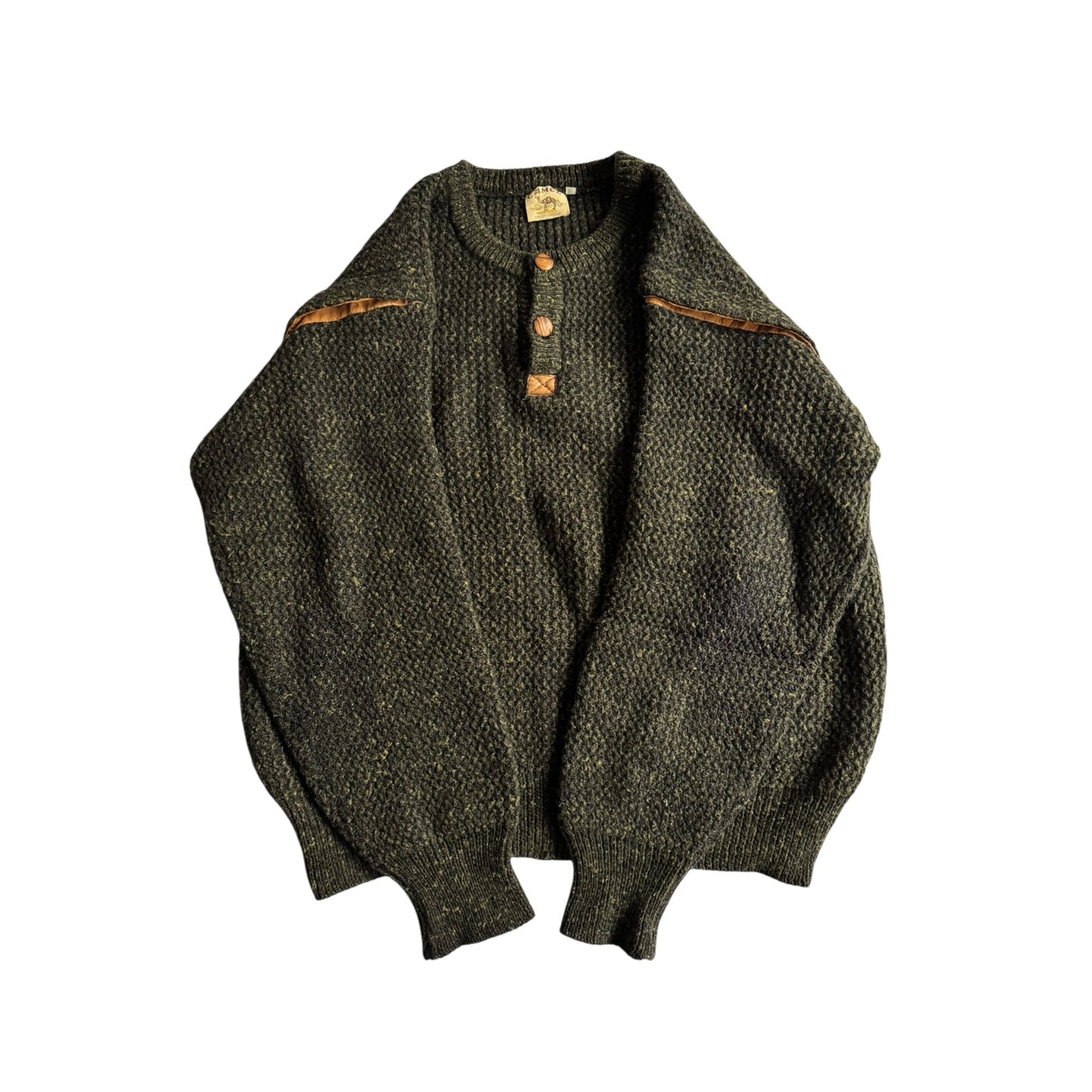 🐪 🧶 Pulover Vintage Bărbați Camel / Verde Închis din Lână – L