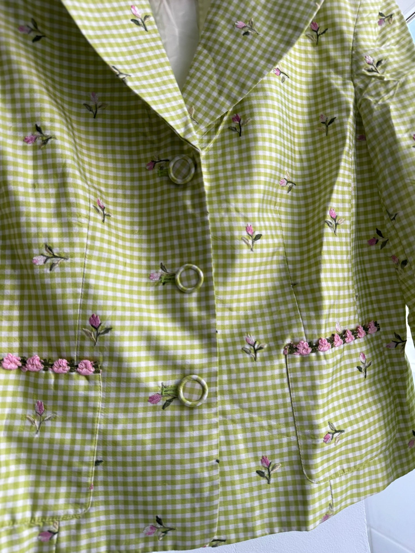 🌷 Blazer Vintage din Mătase în Carouri cu broderie Florală – Damă | US 8 / S - M | Made in USA - anbracaminte