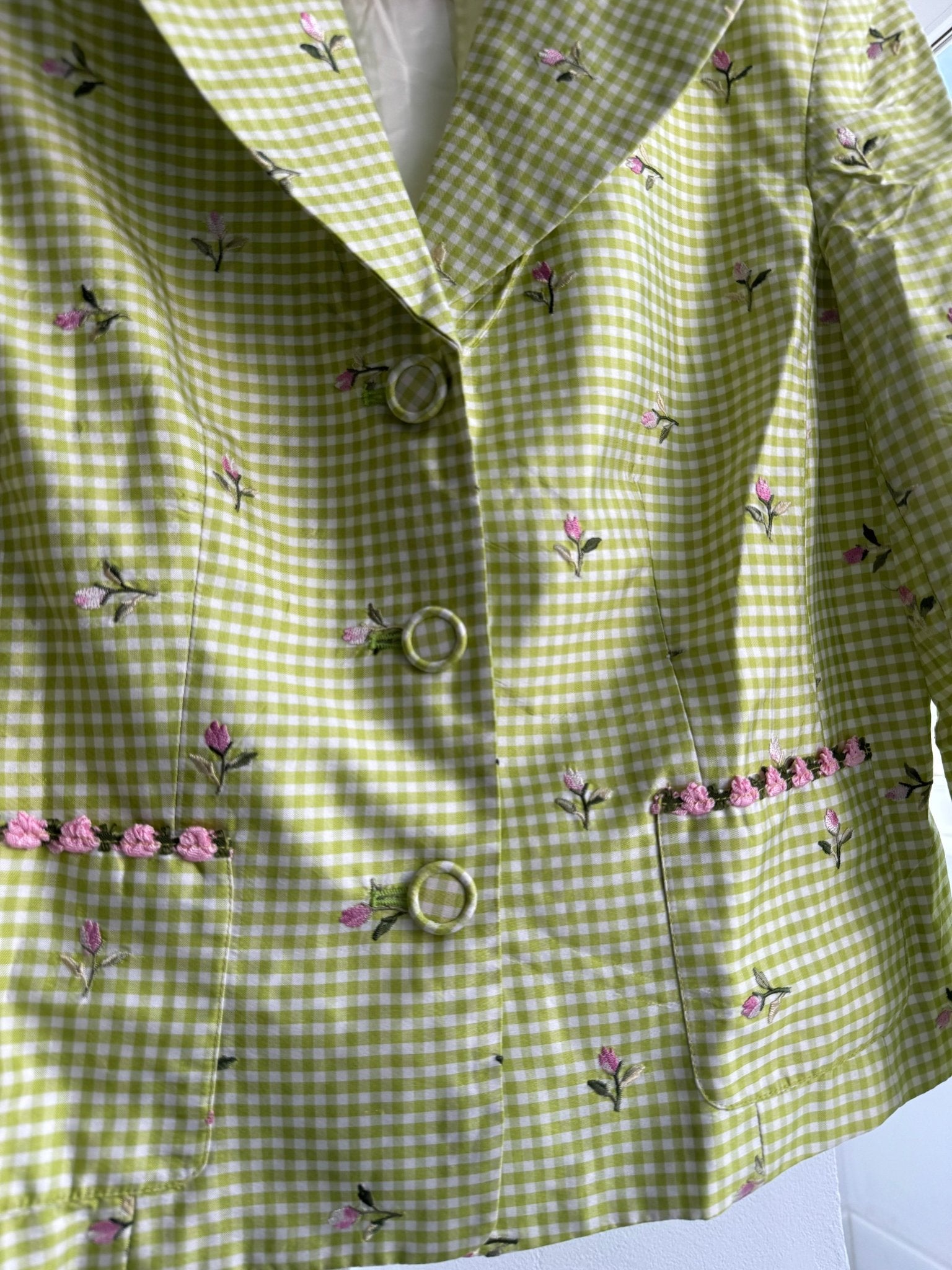 🌷 Blazer Vintage din Mătase în Carouri cu broderie Florală – Damă | US 8 / S - M | Made in USA - anbracaminte