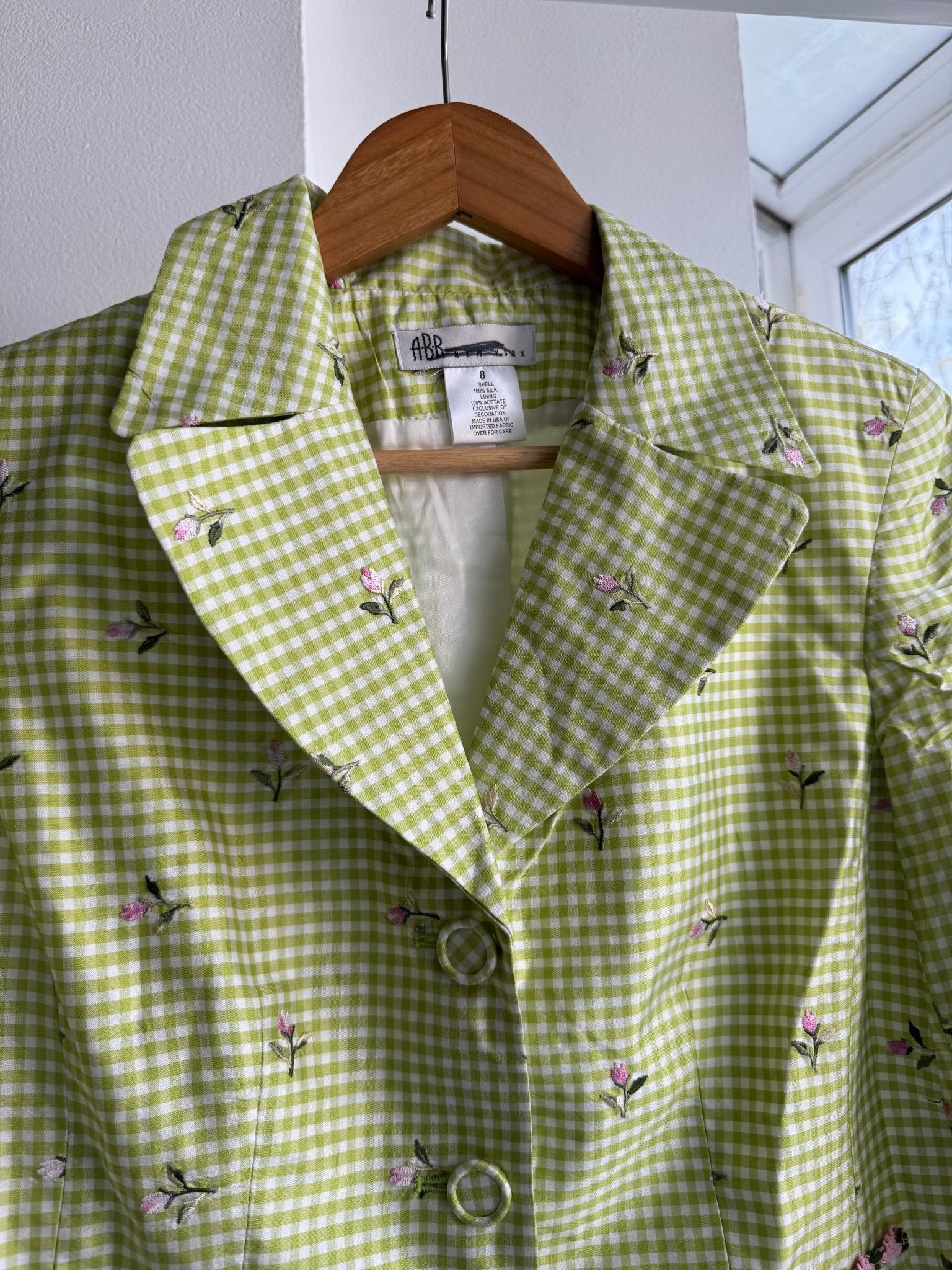 🌷 Blazer Vintage din Mătase în Carouri cu broderie Florală – Damă | US 8 / S - M | Made in USA - anbracaminte