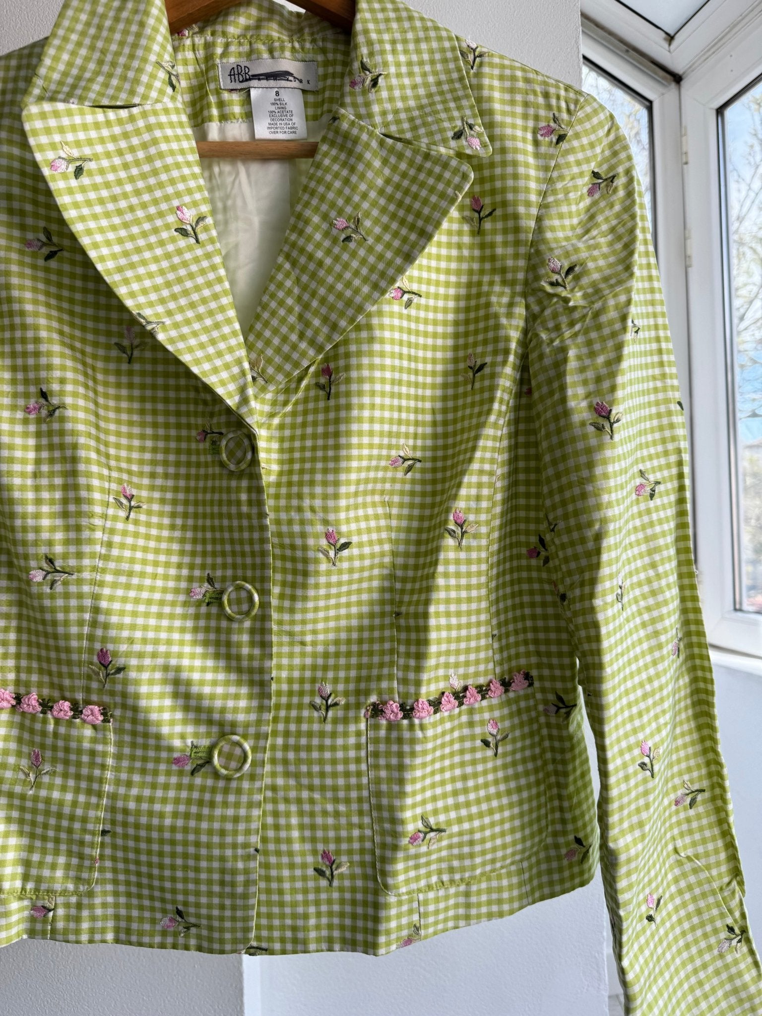 🌷 Blazer Vintage din Mătase în Carouri cu broderie Florală – Damă | US 8 / S - M | Made in USA - anbracaminte