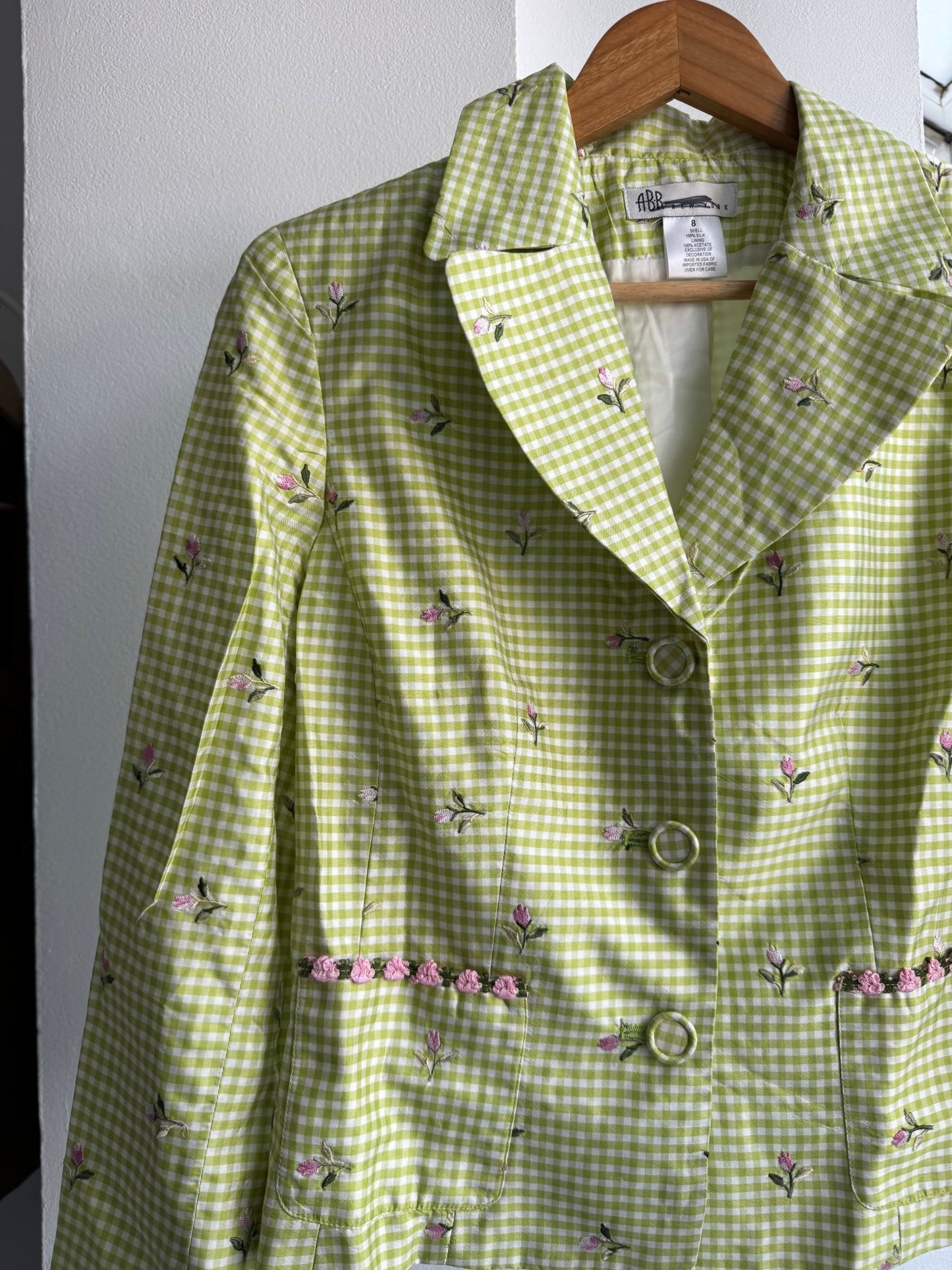 🌷 Blazer Vintage din Mătase în Carouri cu broderie Florală – Damă | US 8 / S - M | Made in USA - anbracaminte