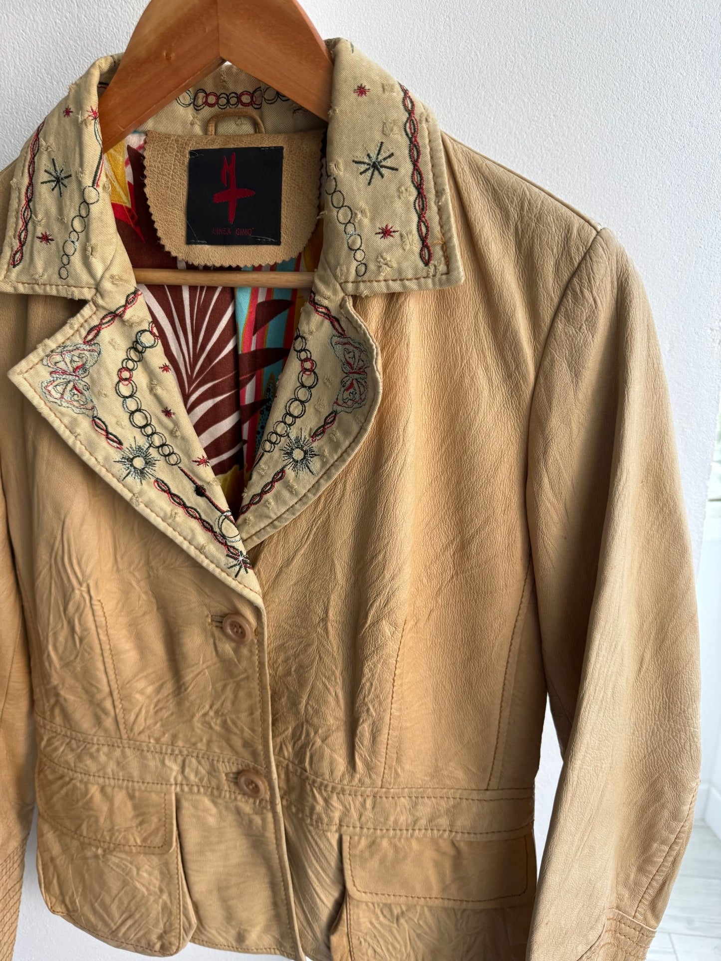 🪡 Blazer Y2K din Piele Crem cu Guler Textil Brodat – M – Made in Italy - anbracaminte